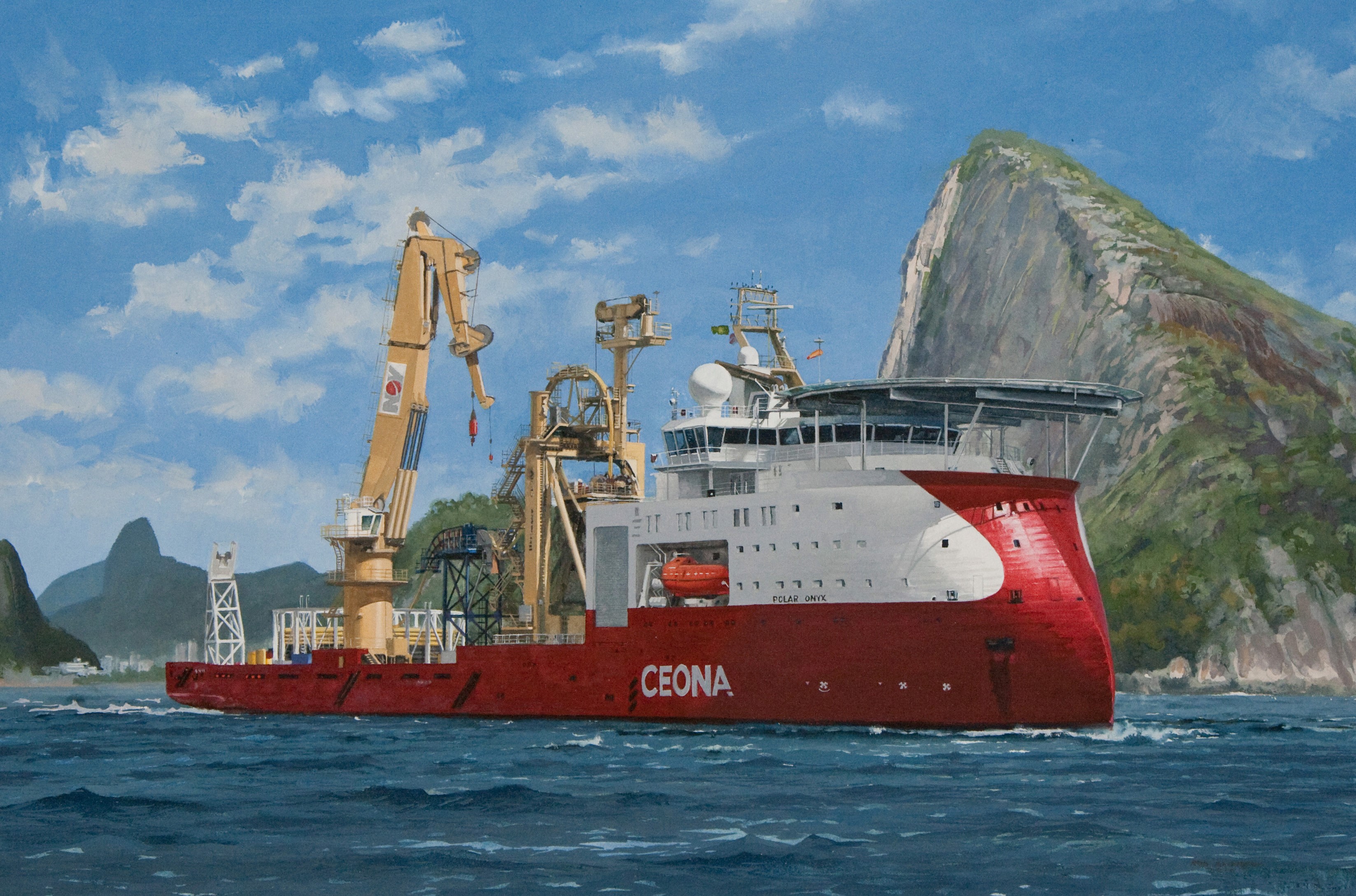 Painting of Ceona ship with cranes and mountains HD Wallpaper