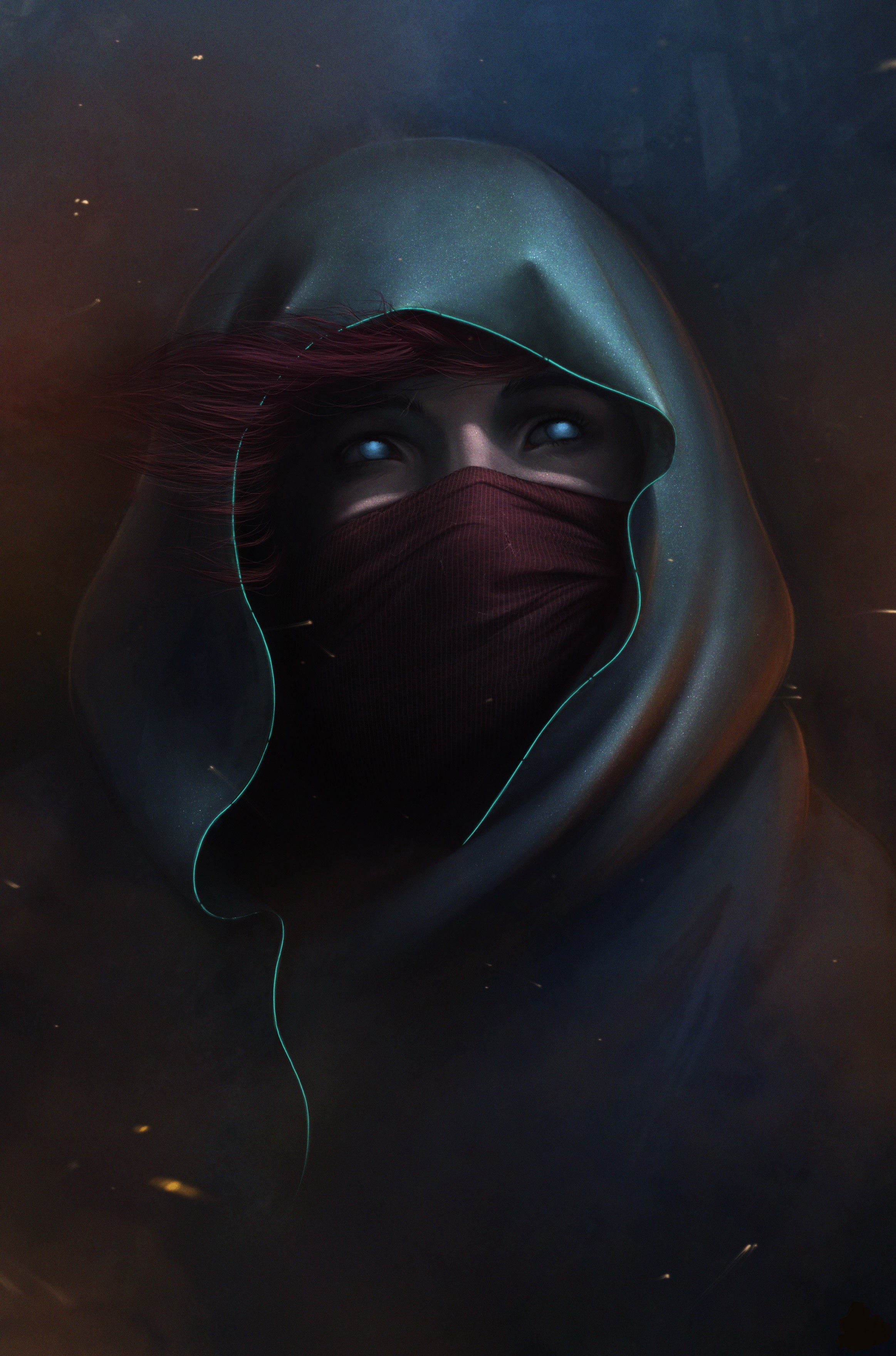 Person wearing a hood and mask with glowing eyes HD Phone Wallpaper