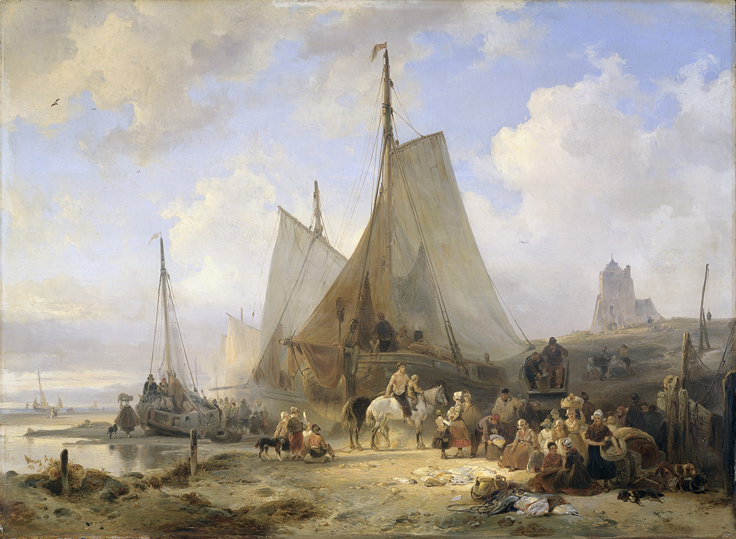 Fishing Boats on the Beach with Fishermen and Women Sorting the Catch HD Wallpaper