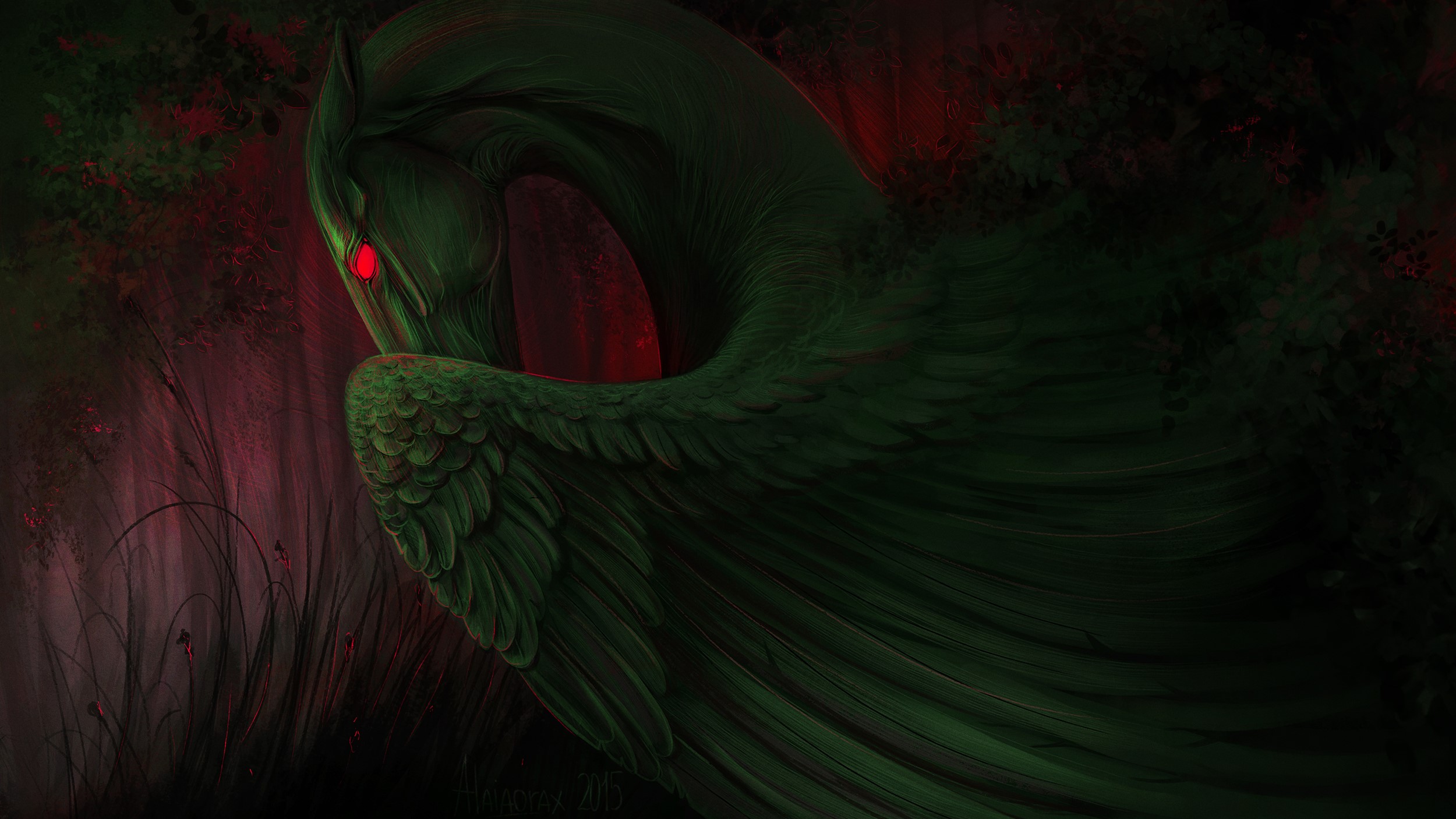 Green winged creature with red eyes in dark forest HD Wallpaper