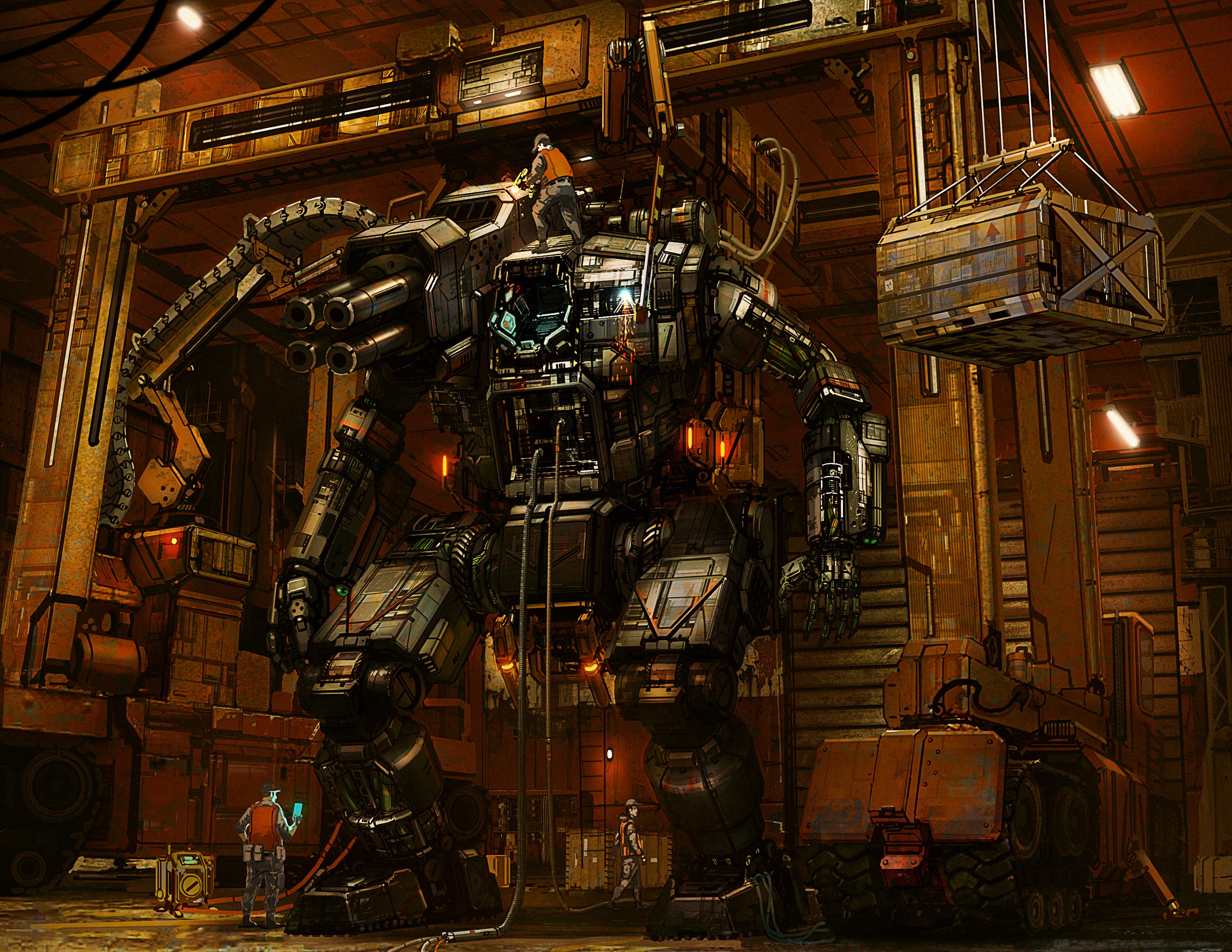 Giant robot being repaired in a hangar HD Wallpaper