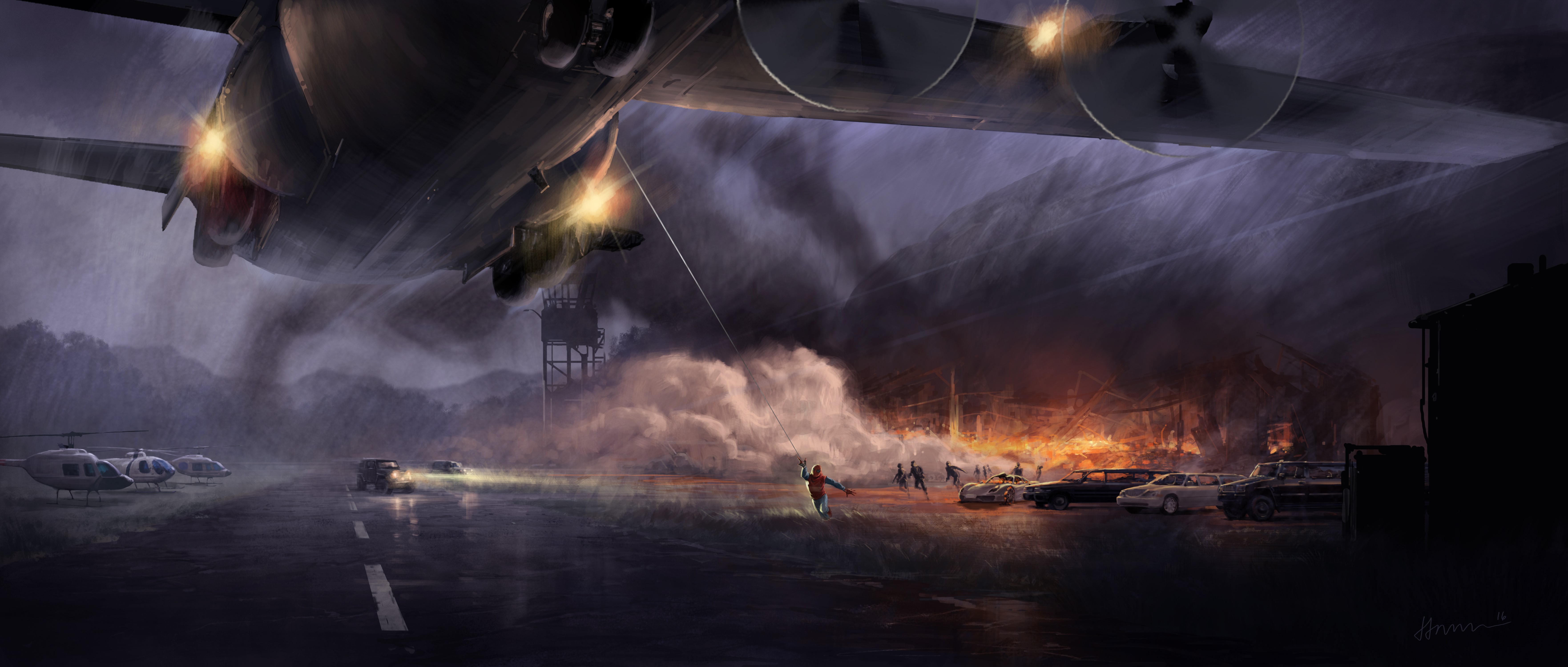 Airplane taking off during a storm with a burning building HD Wallpaper