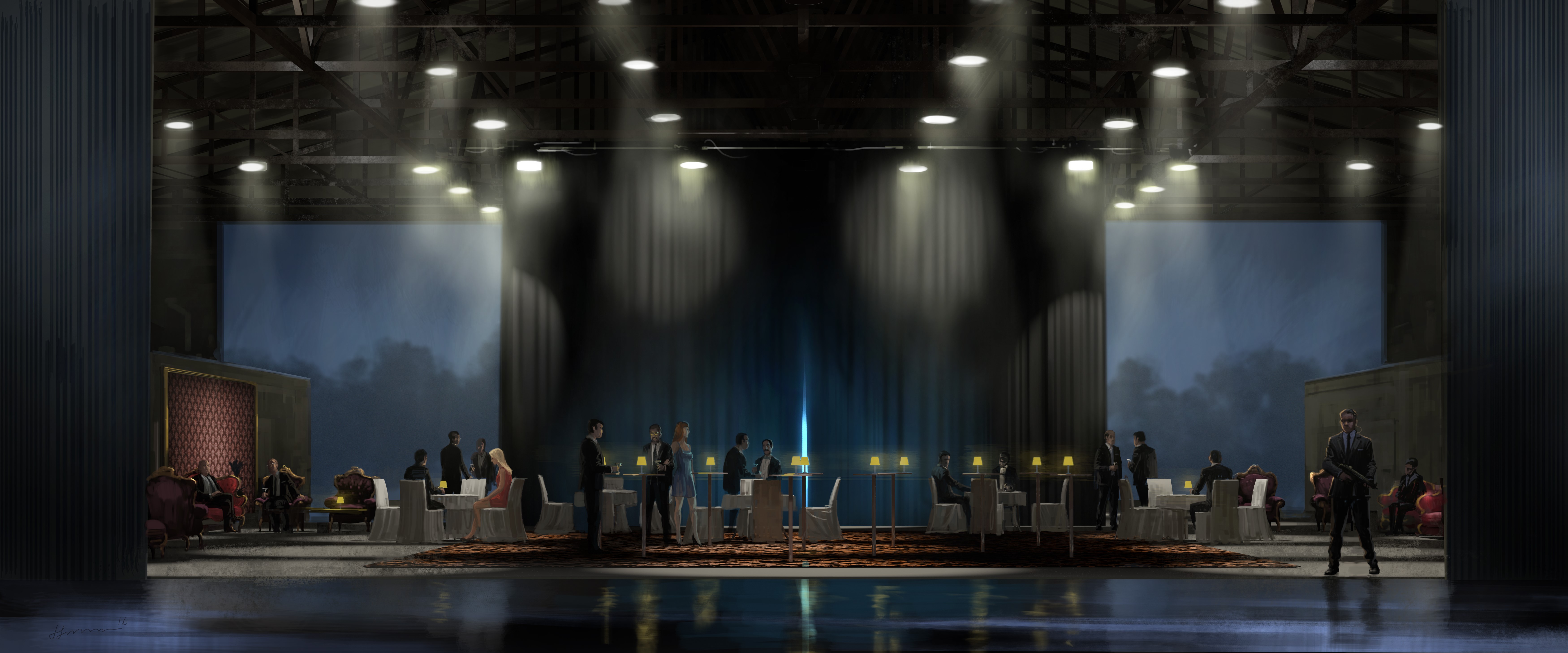 Men in a dimly lit event hall HD Wallpaper
