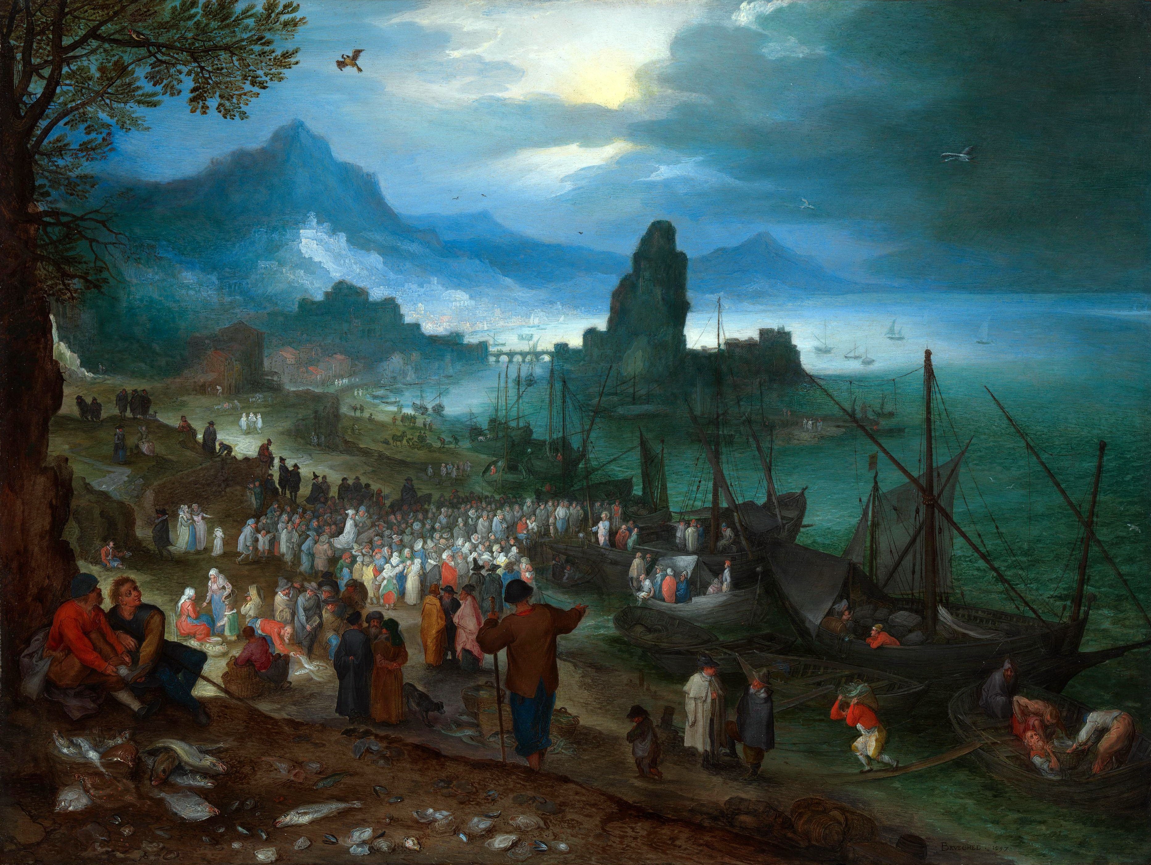Harbour Scene with Christ Preaching by Jan Brueghel the Elder HD Wallpaper