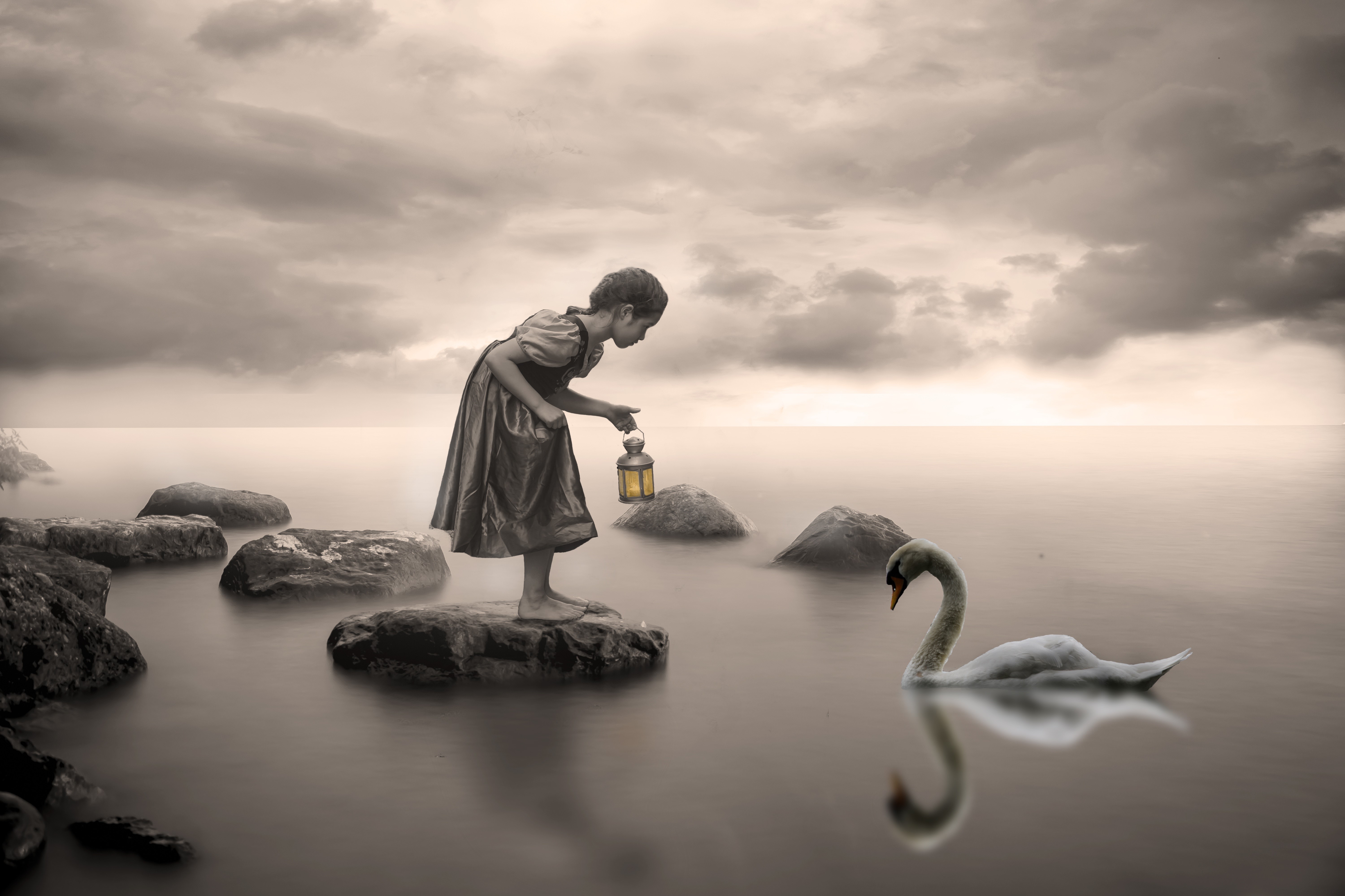 Girl with Lantern and Swan on Stones HD Wallpaper