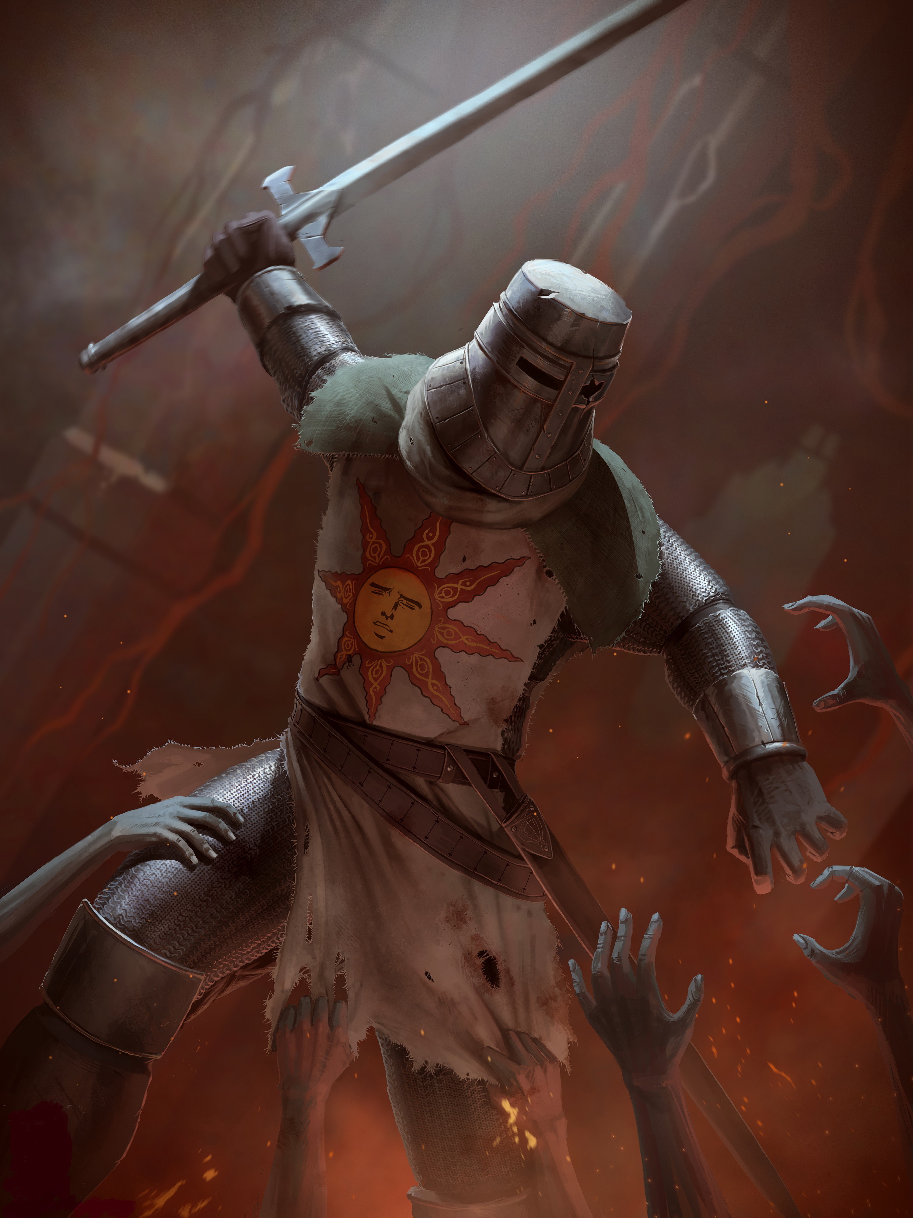 Knight with Sun Emblem fighting zombies in Dark Souls HD Phone Wallpaper
