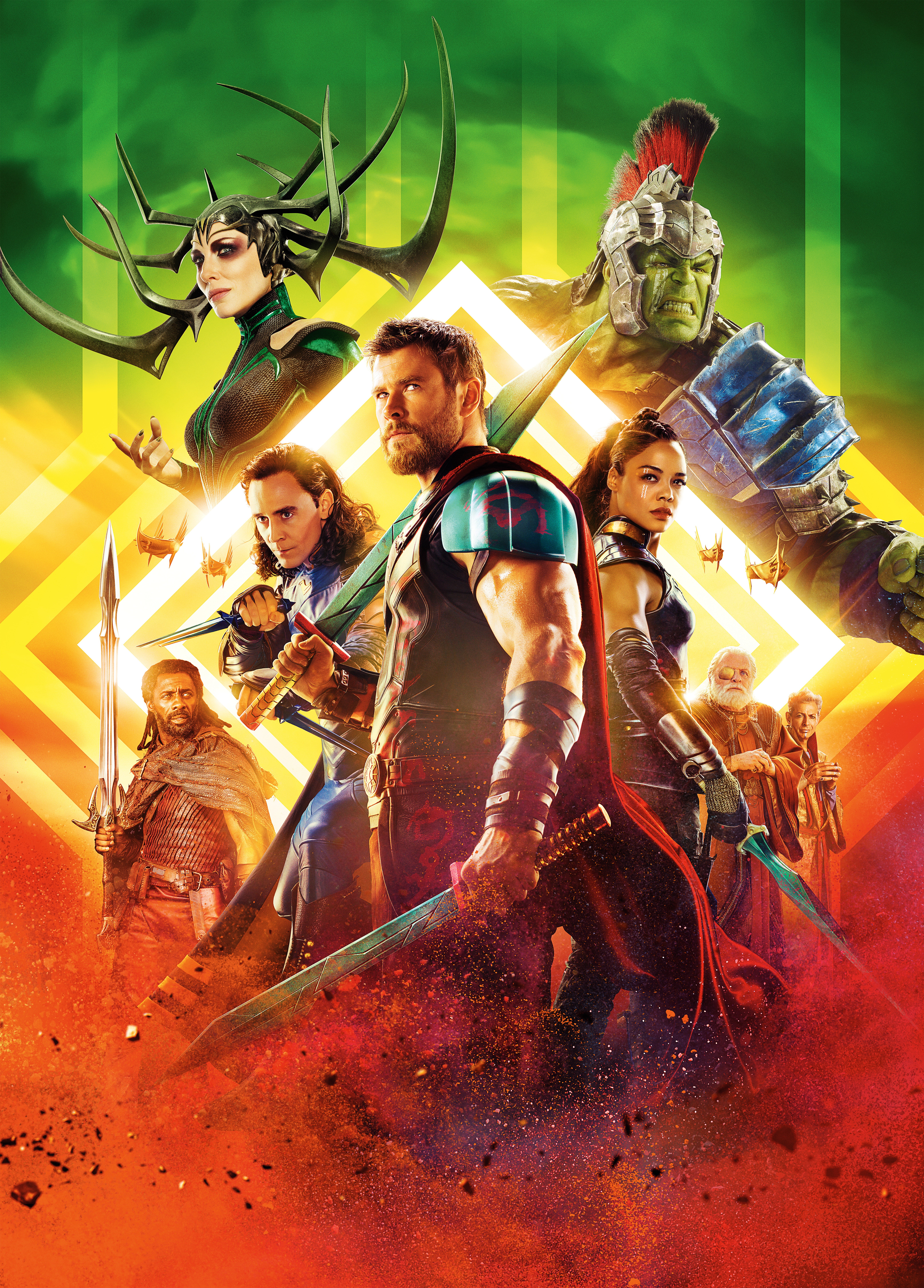 Thor: Ragnarok Poster with Thor, Loki, Hulk, Hela, Valkyrie, and Skurge HD Phone Wallpaper