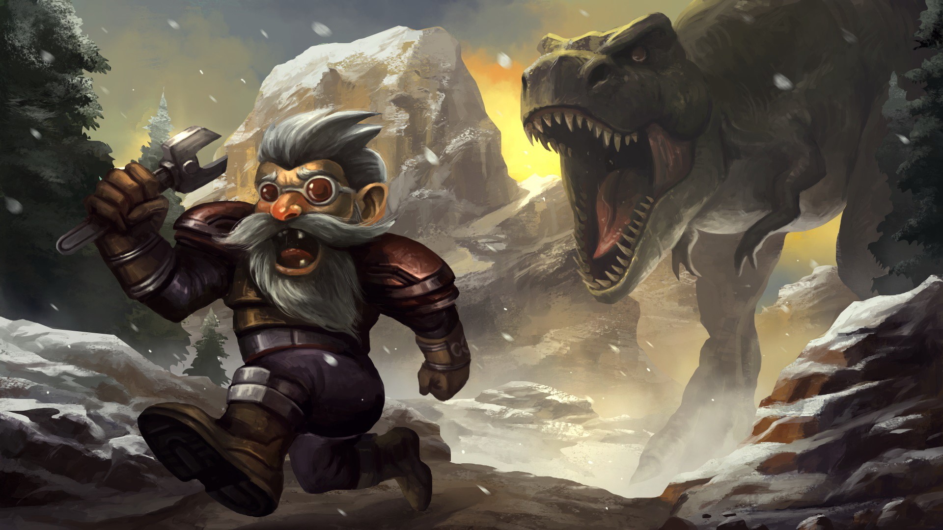 Tinkmaster Overspark from Hearthstone running from a T-Rex HD Wallpaper