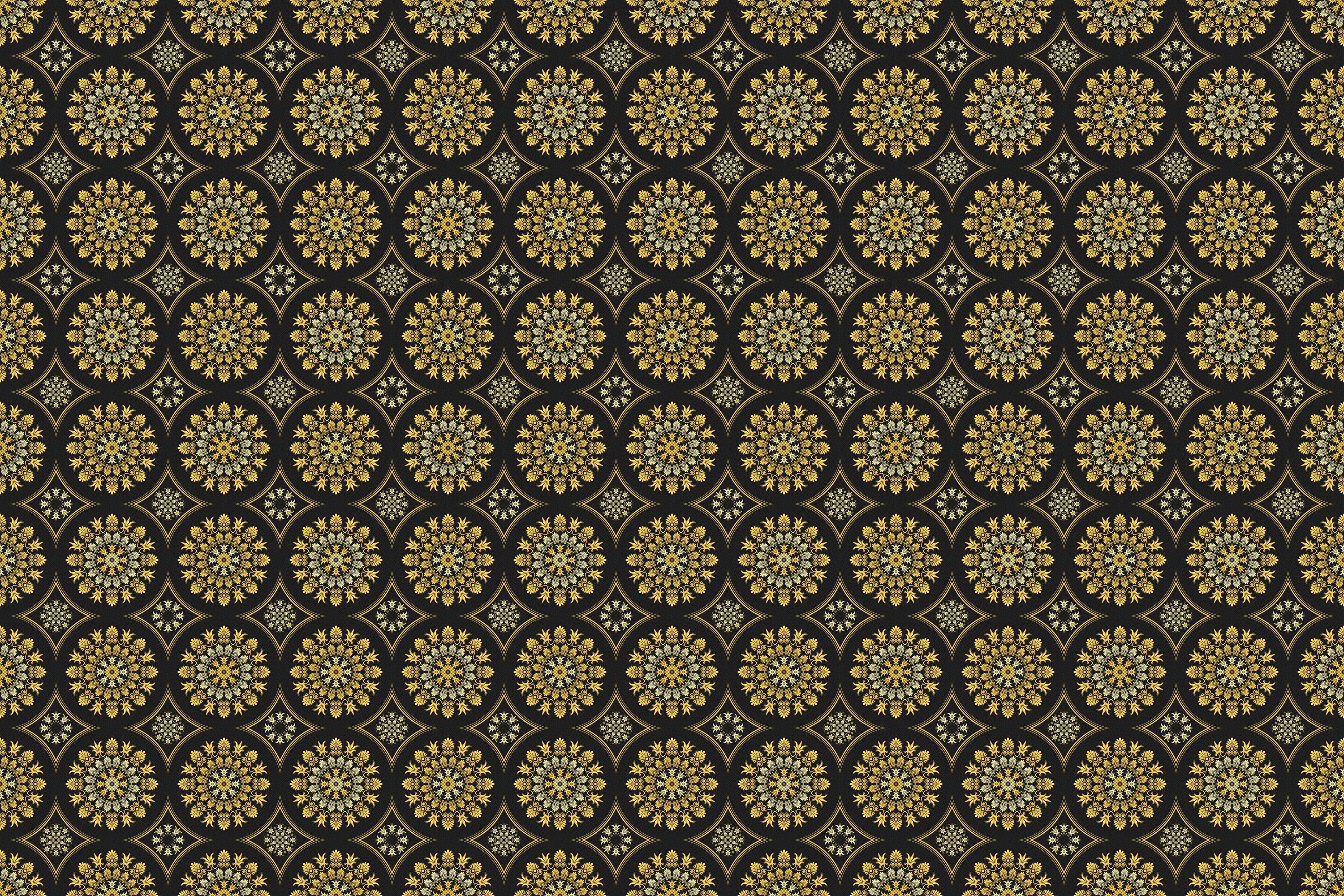 Gold circular floral pattern on black background HD Wallpaper