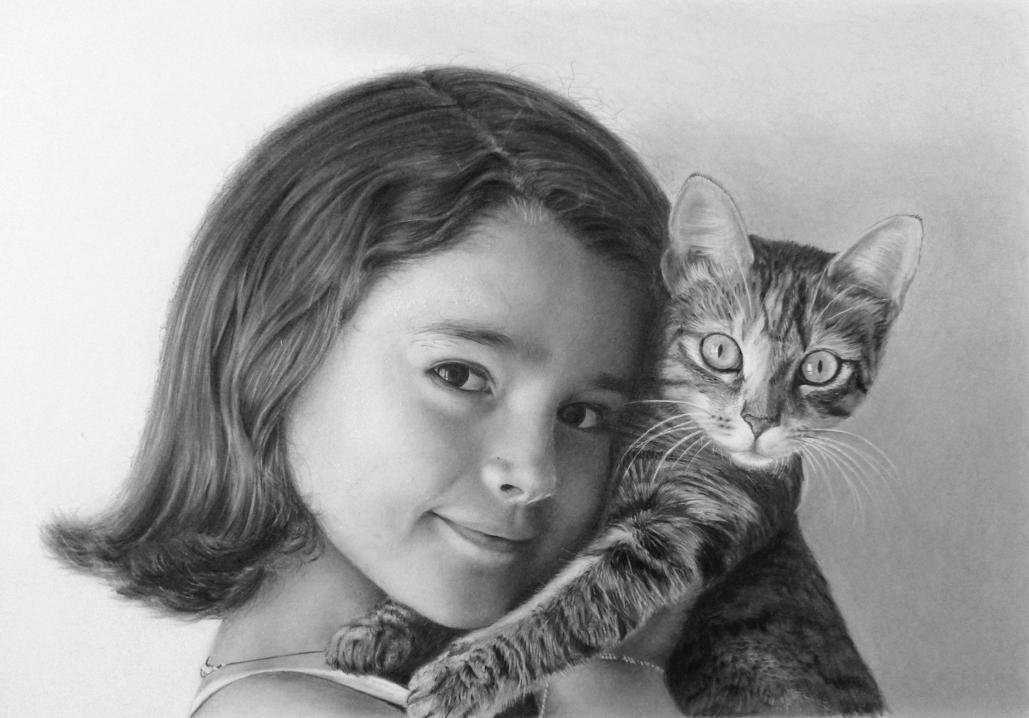 Girl holding a cat, black and white drawing HD Wallpaper
