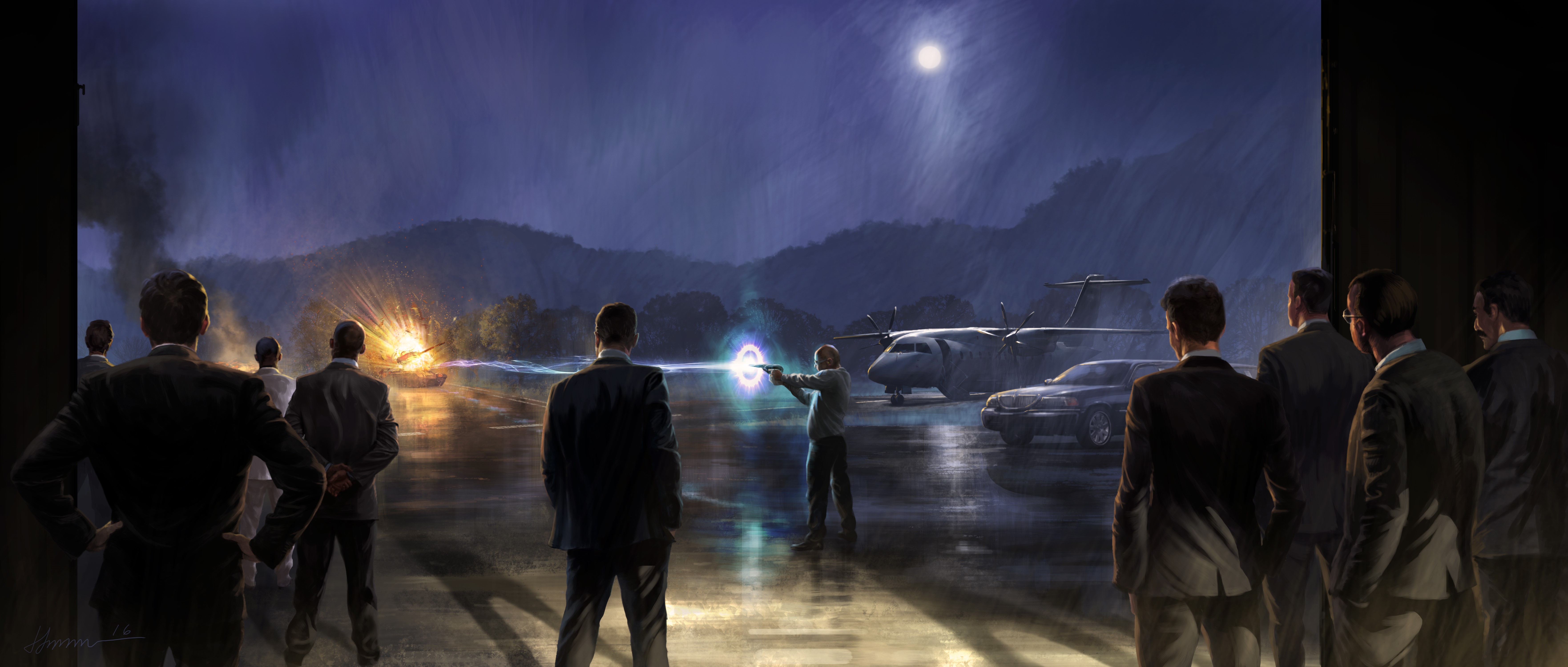 Men watching an explosion and a portal on an airport tarmac at night HD Wallpaper