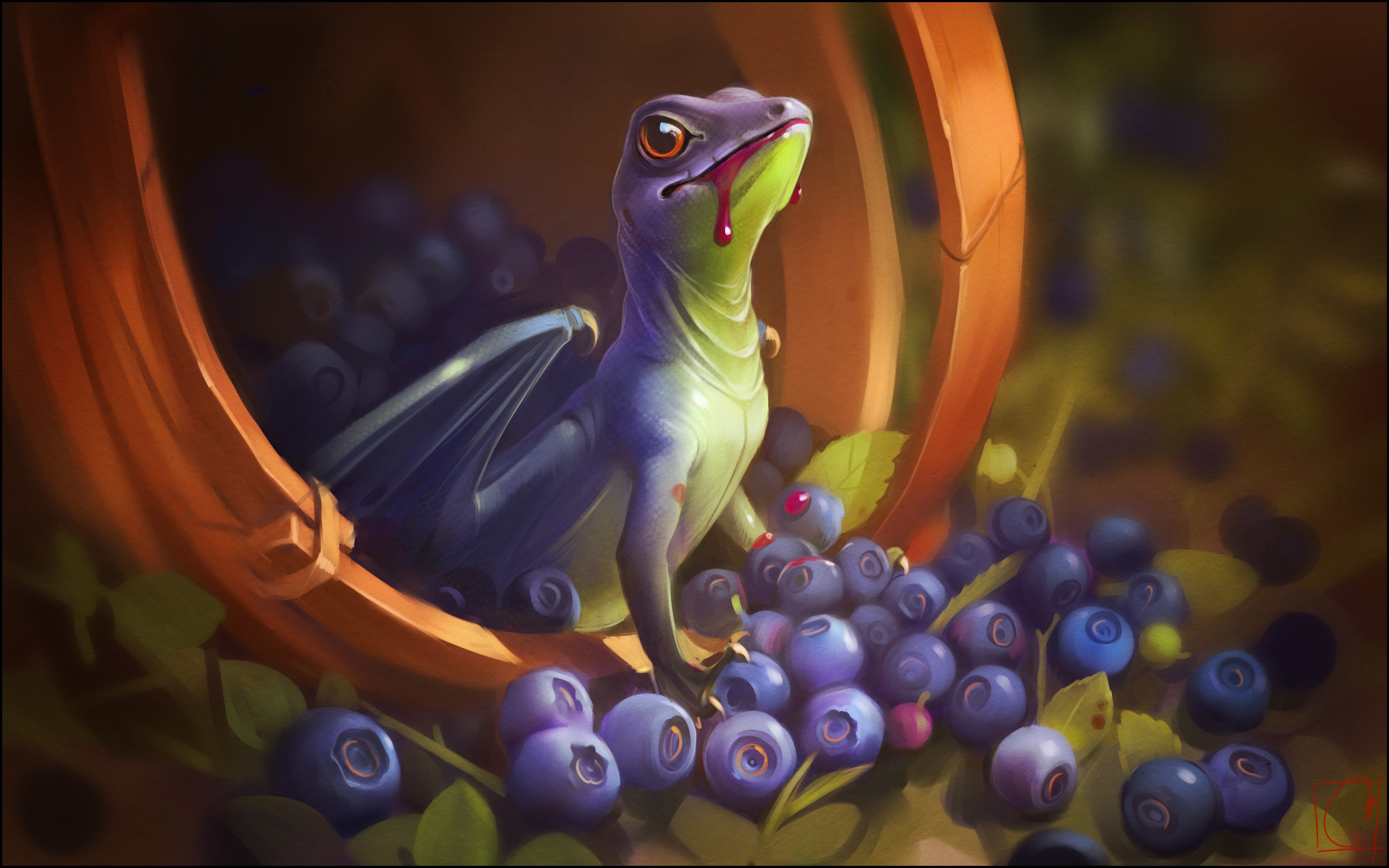 Dragon eating blueberries from a basket HD Wallpaper