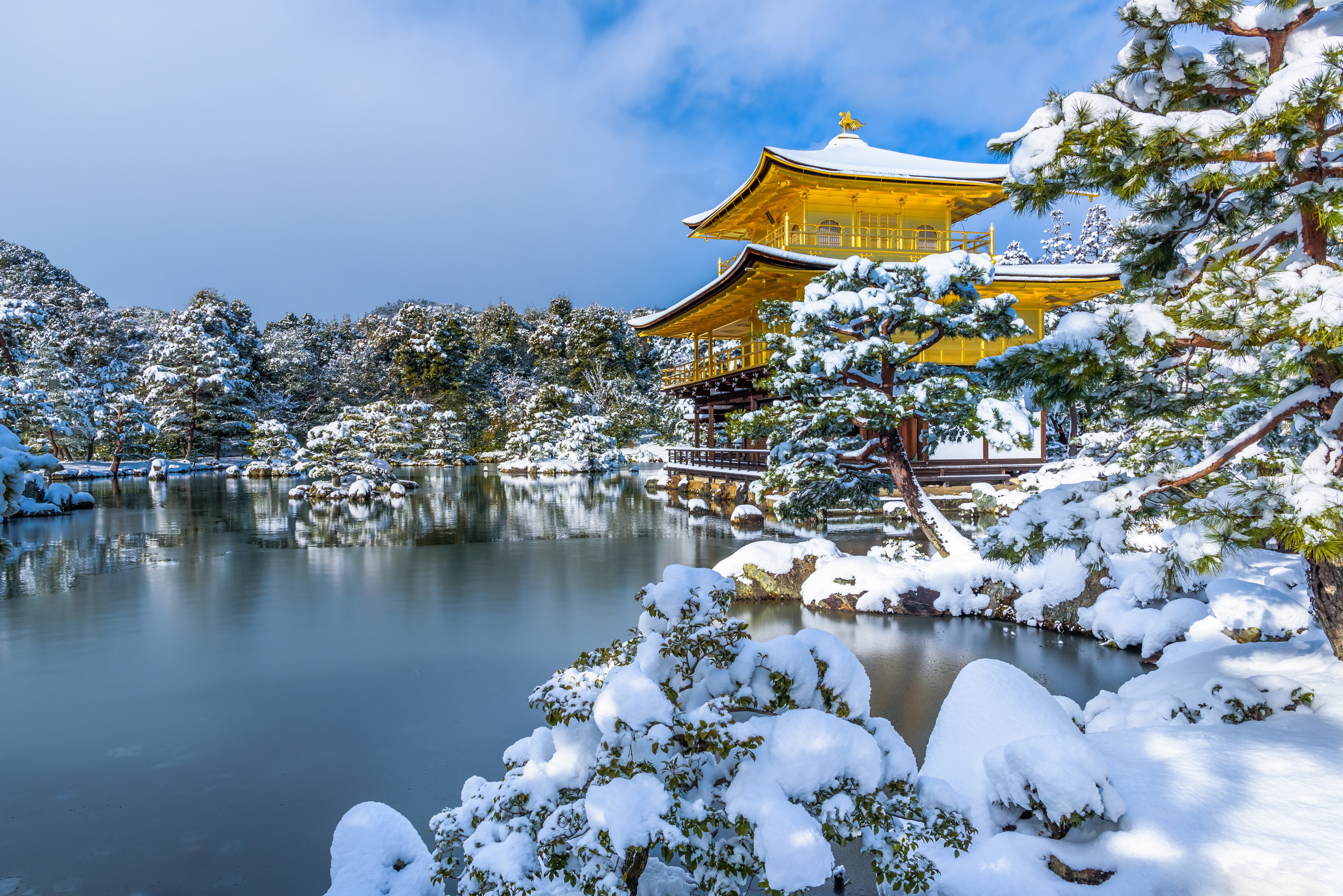 Kinkaku-ji Golden Pavilion in Winter Snow HD Wallpaper