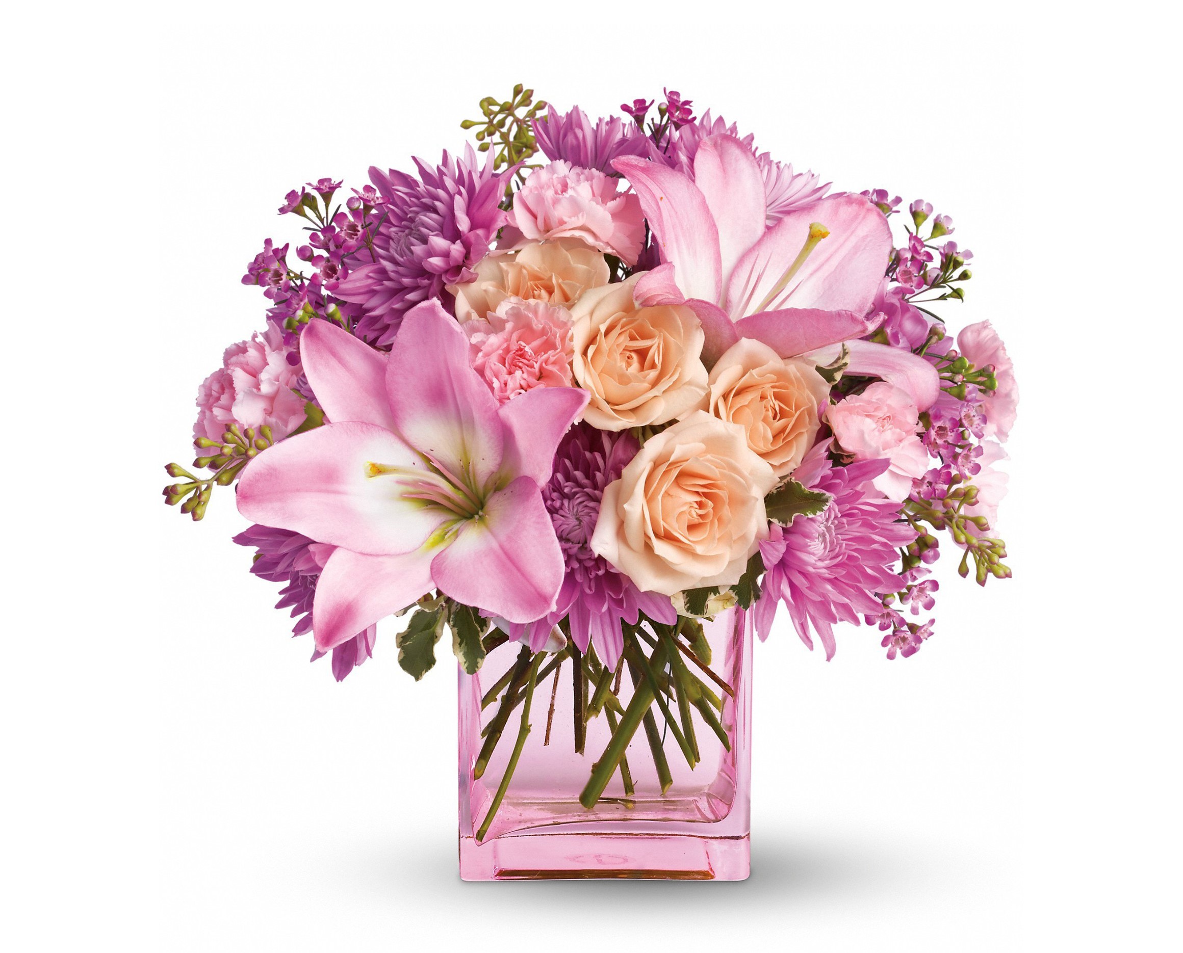 Pink and Peach Floral Arrangement in Glass Vase HD Wallpaper