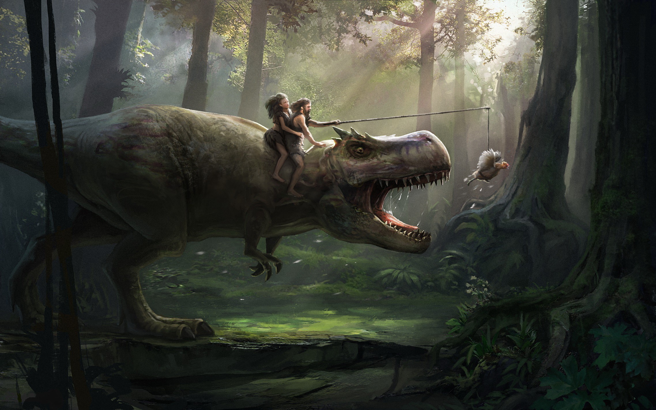 Cave people riding a T-Rex in a forest HD Wallpaper