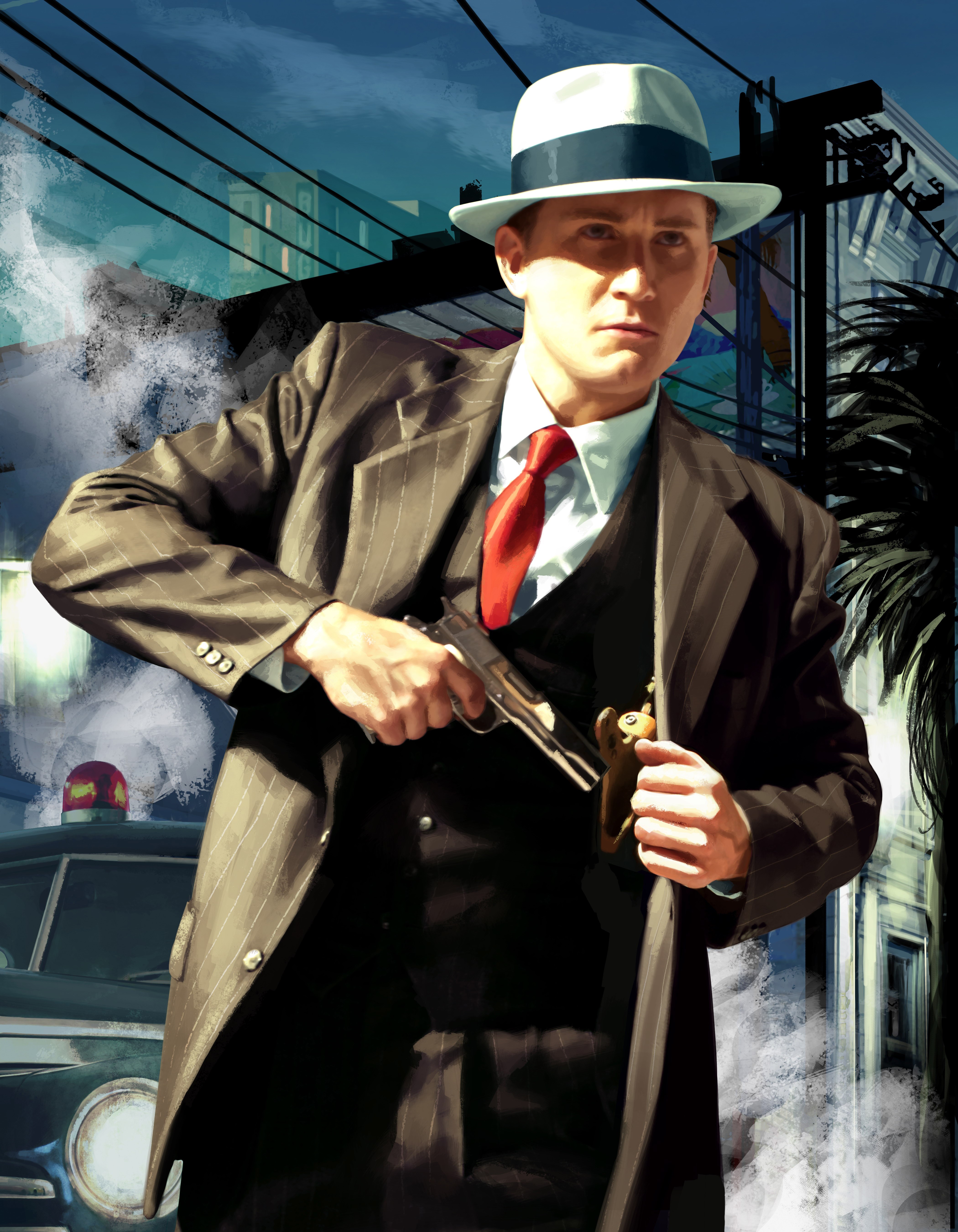 Man from L.A. Noire holding a pistol HD Phone Wallpaper
