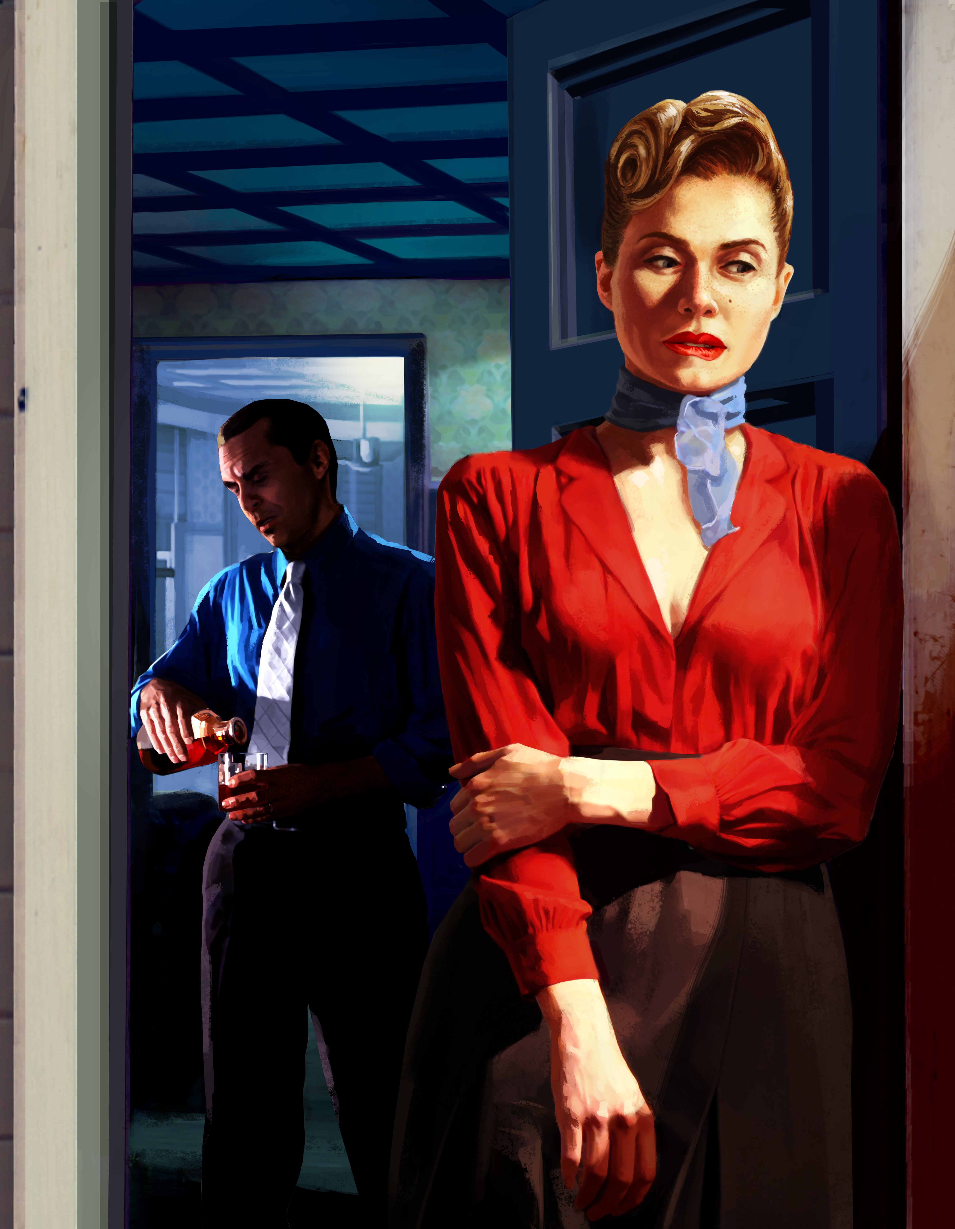 Woman in red and man pouring drink from L.A. Noire HD Phone Wallpaper