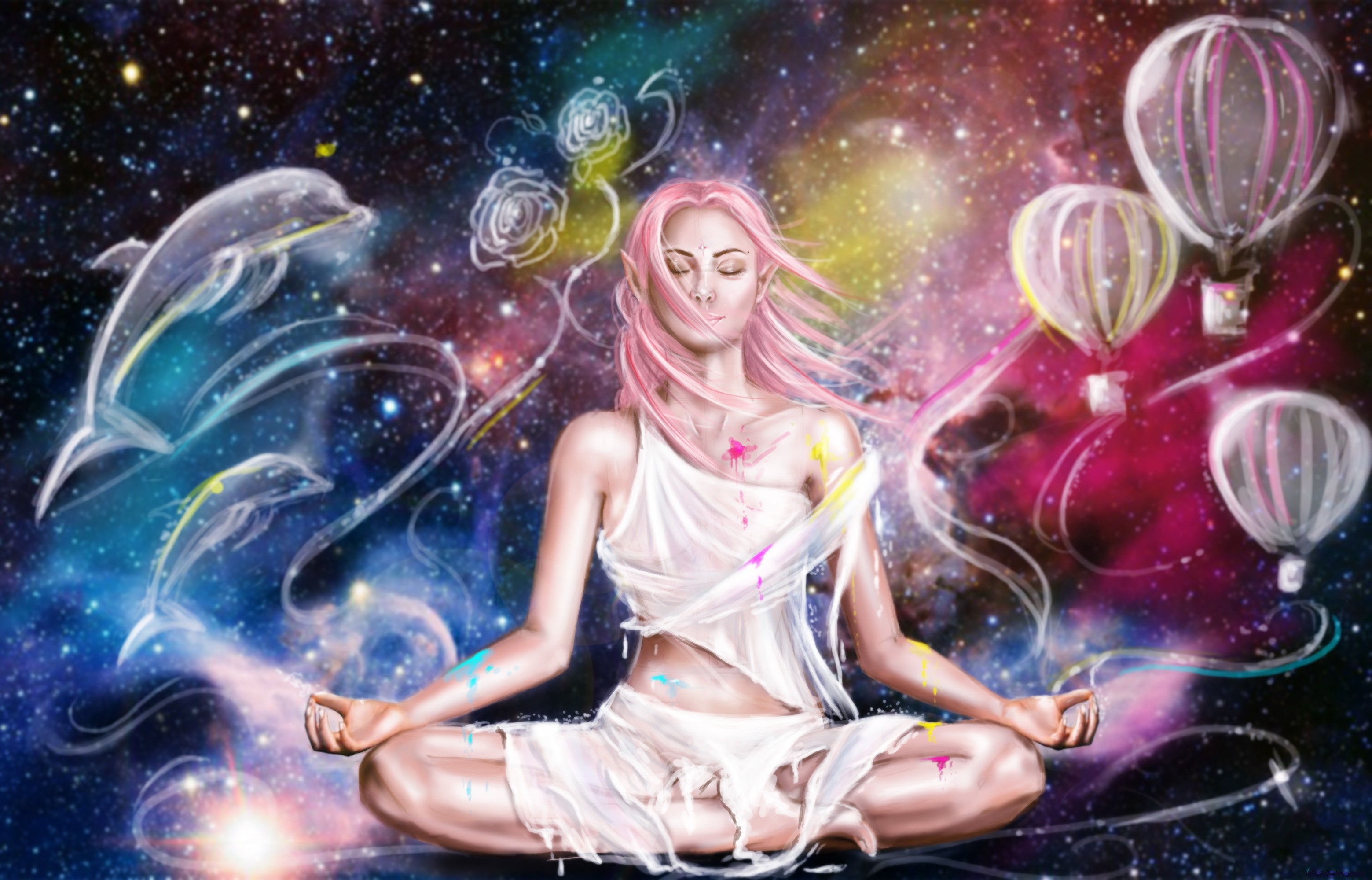 Woman meditating in space with dolphins and hot air balloons HD Wallpaper