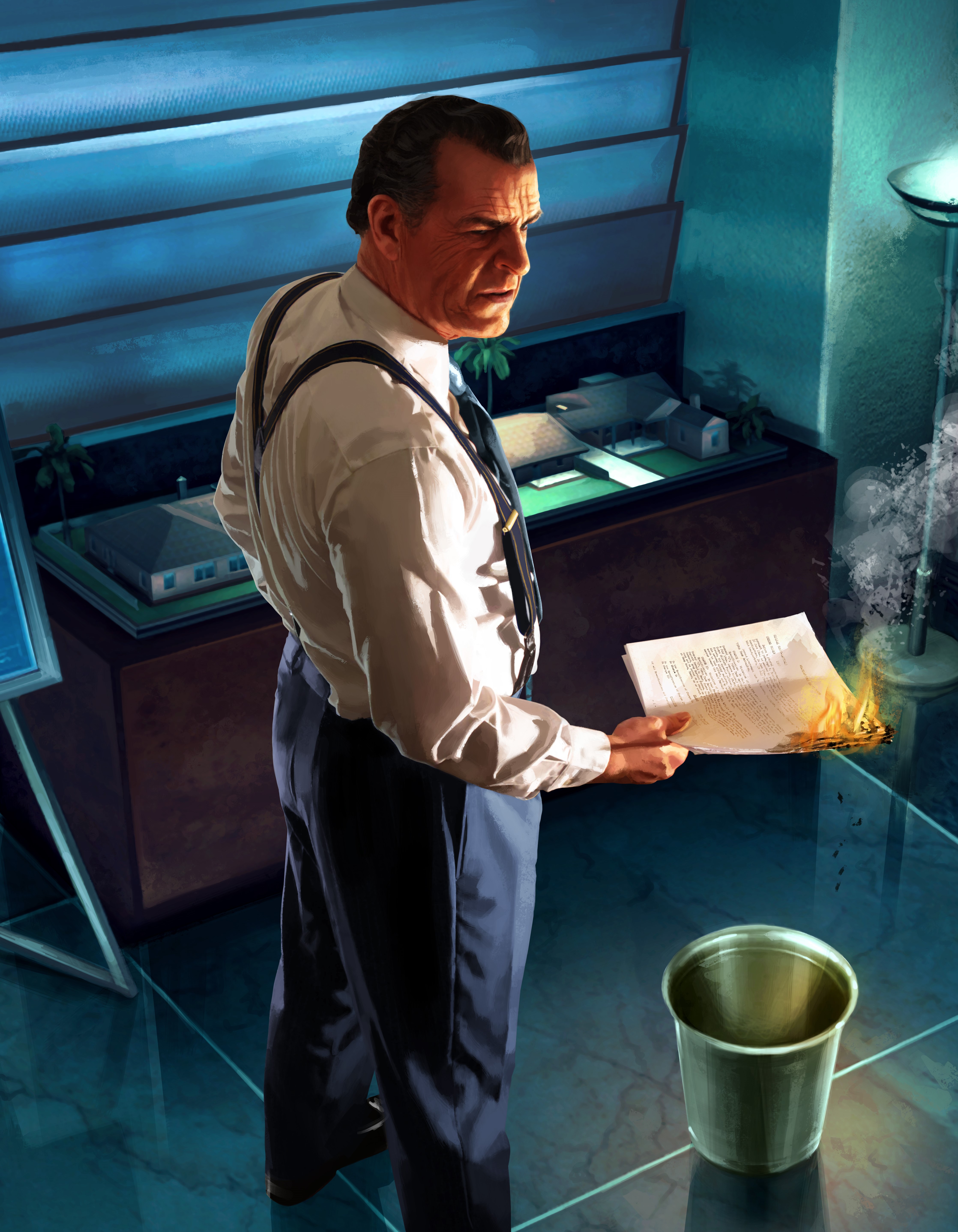 Man burning documents in L.A. Noire HD Phone Wallpaper