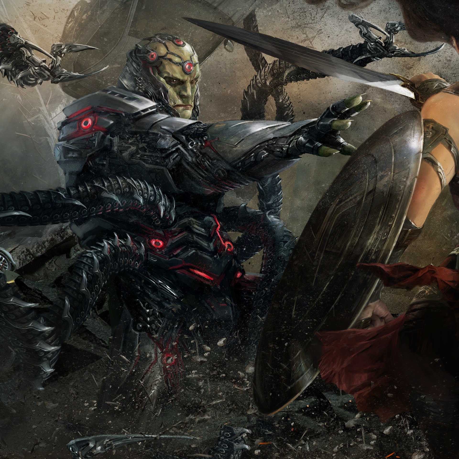 Brainiac from Injustice 2 fighting Wonder Woman HD Wallpaper
