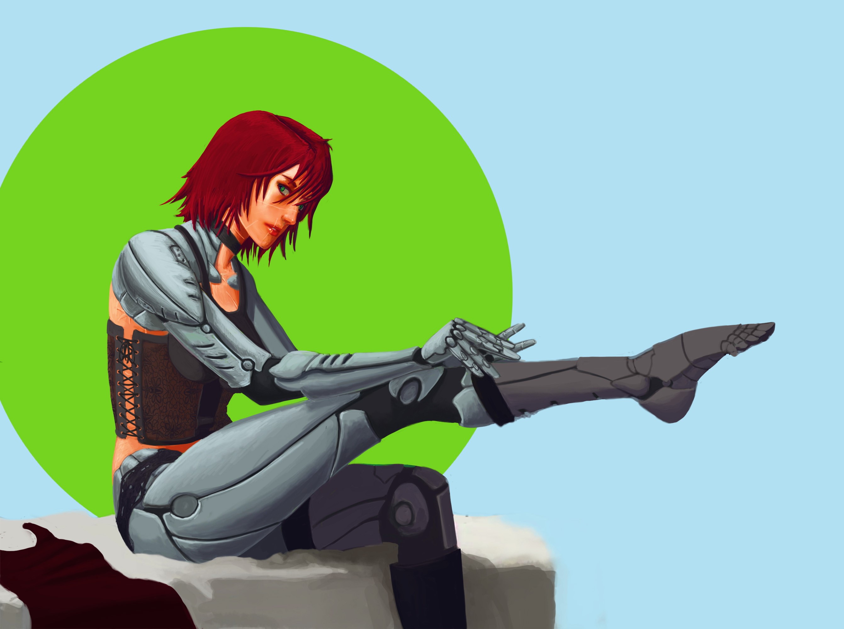 Cyborg woman with red hair sitting HD Wallpaper