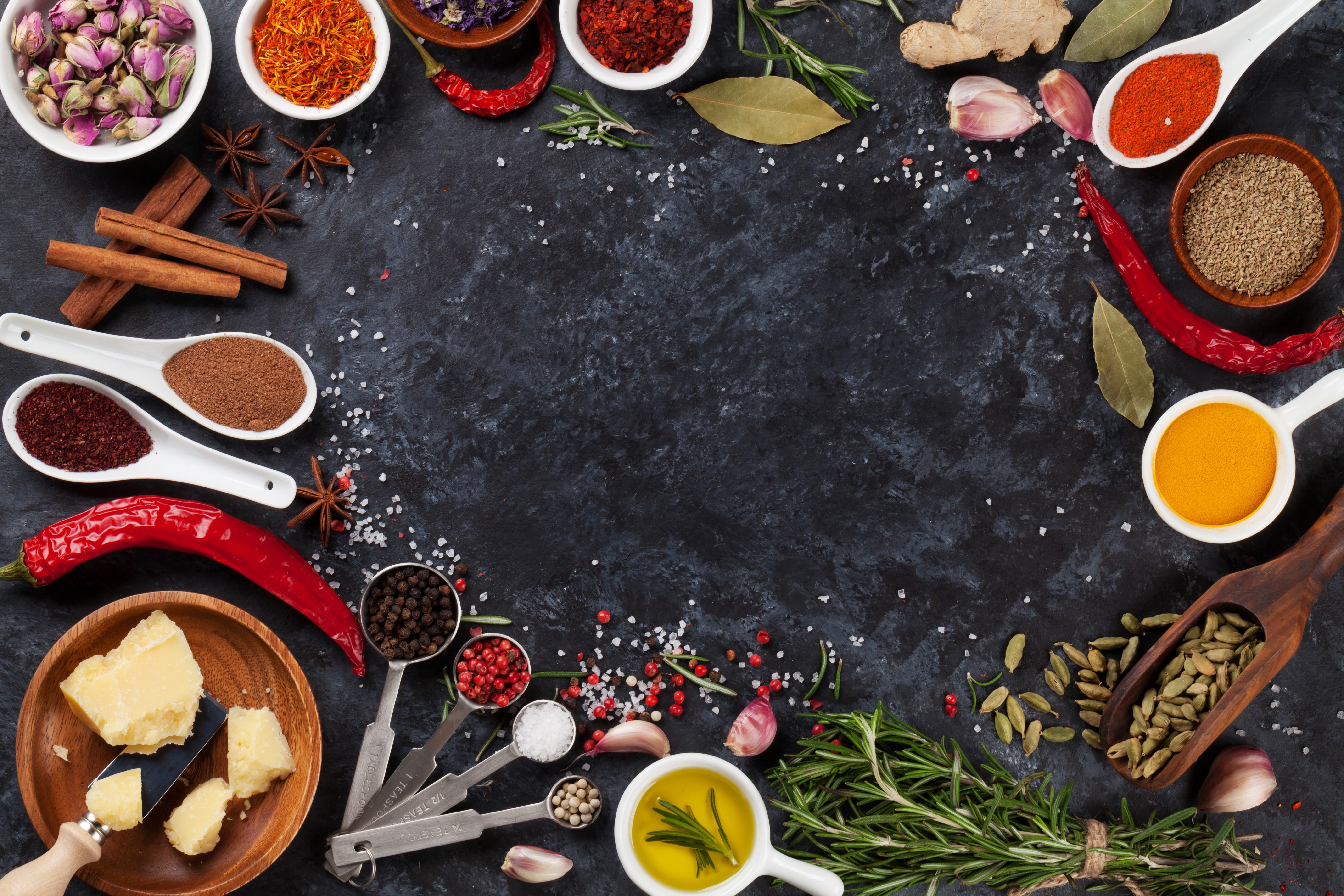Spices and Ingredients on a Dark Surface HD Wallpaper
