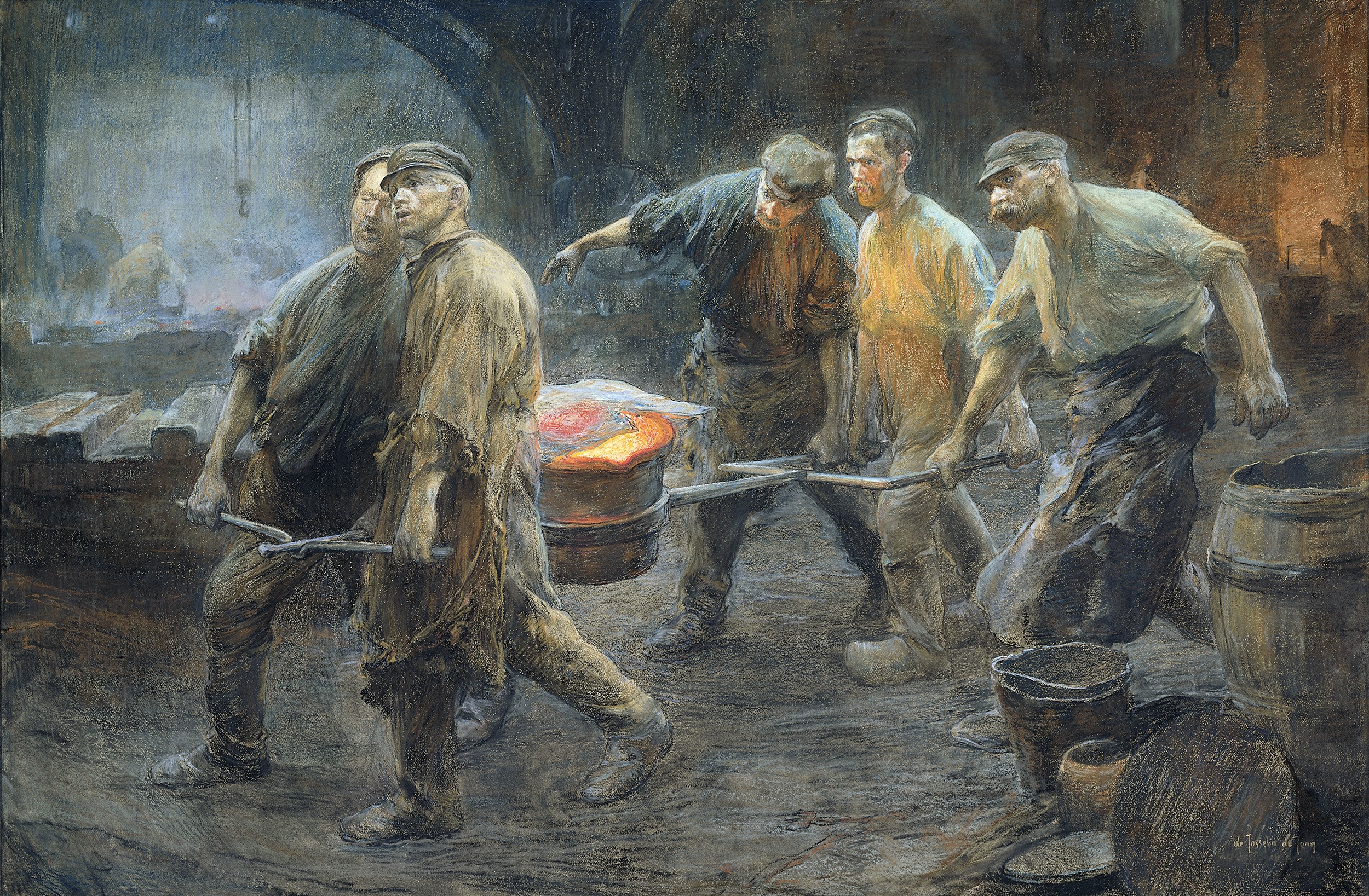 Men carrying molten metal in an iron foundry HD Wallpaper