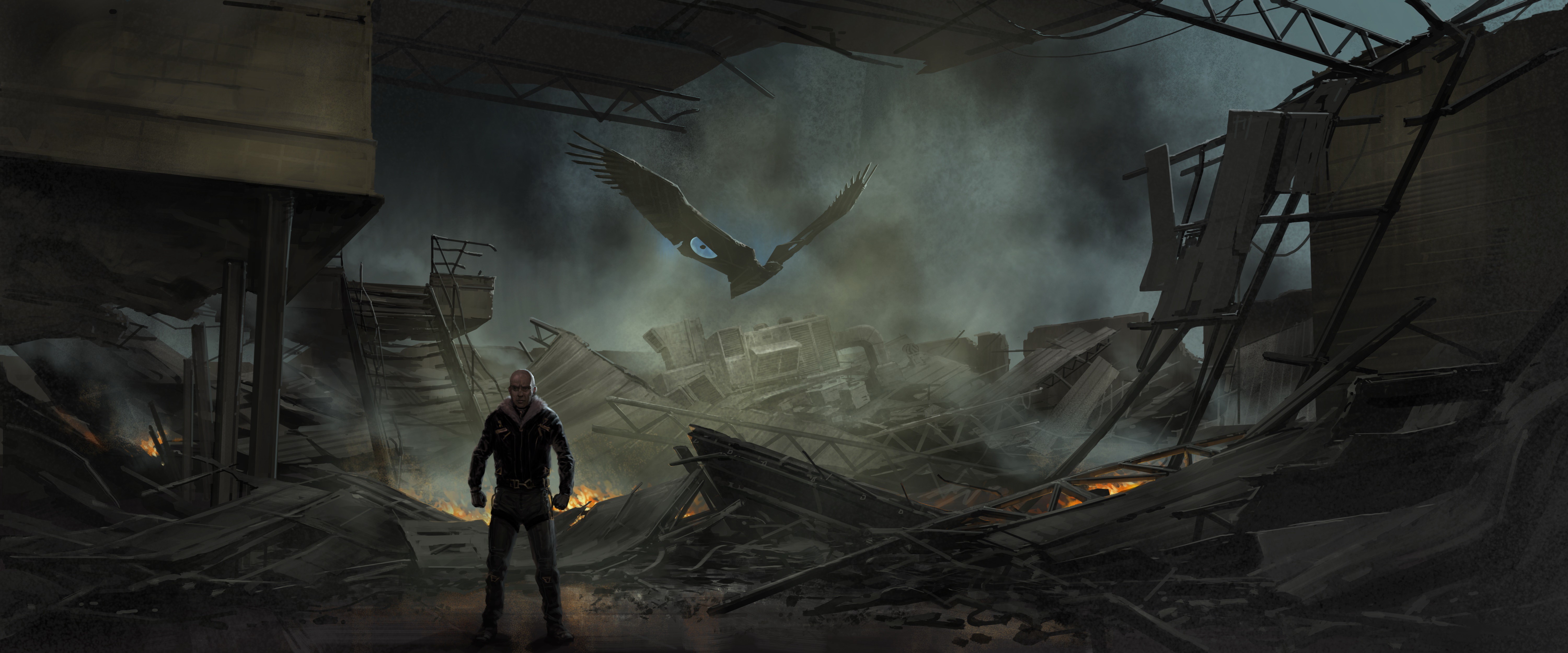 Man and Vulture in a destroyed city HD Wallpaper