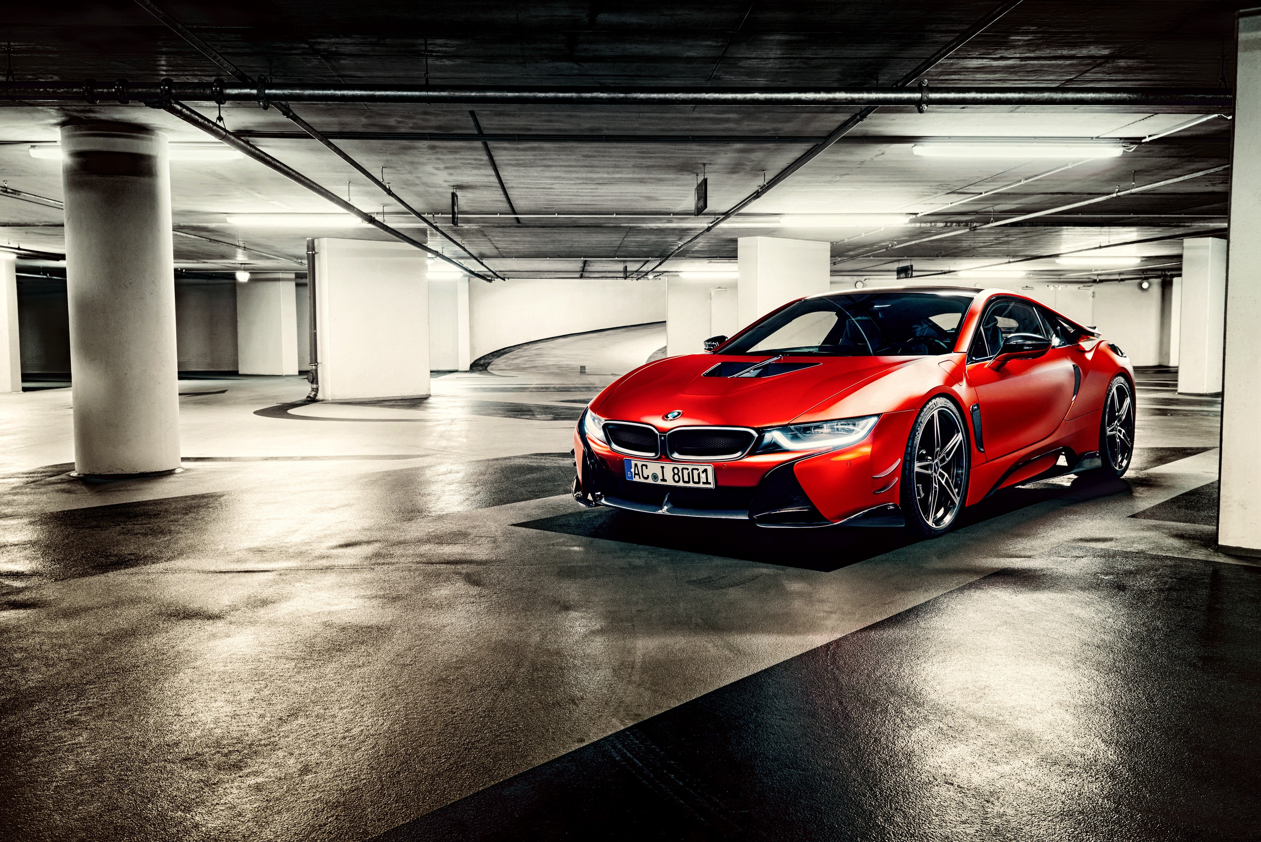 Red BMW i8 in a Parking Garage HD Wallpaper