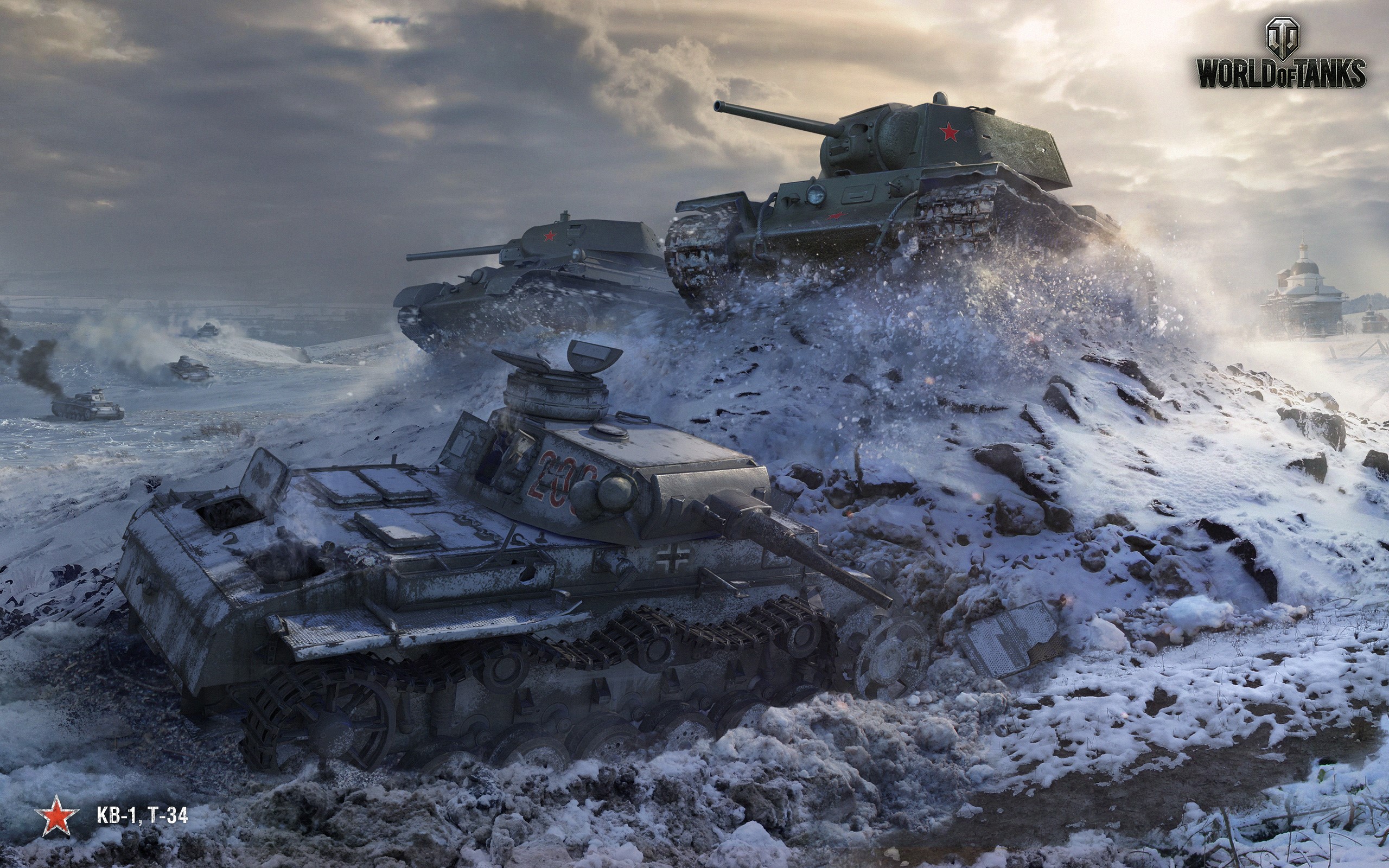 World of Tanks: KV-1 and T-34 tanks in snowy battle HD Wallpaper