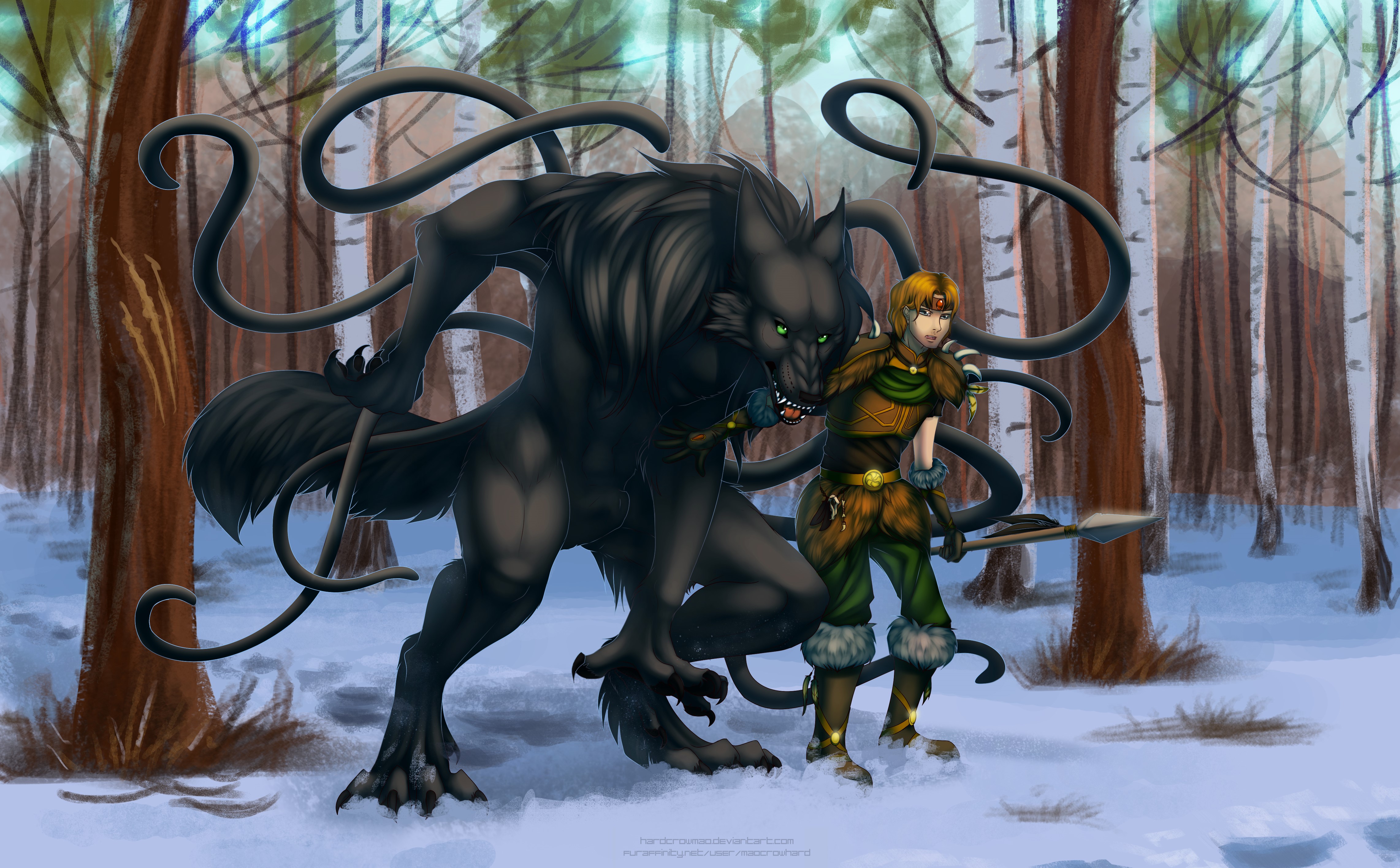 Monster and Warrior in Snowy Forest HD Wallpaper