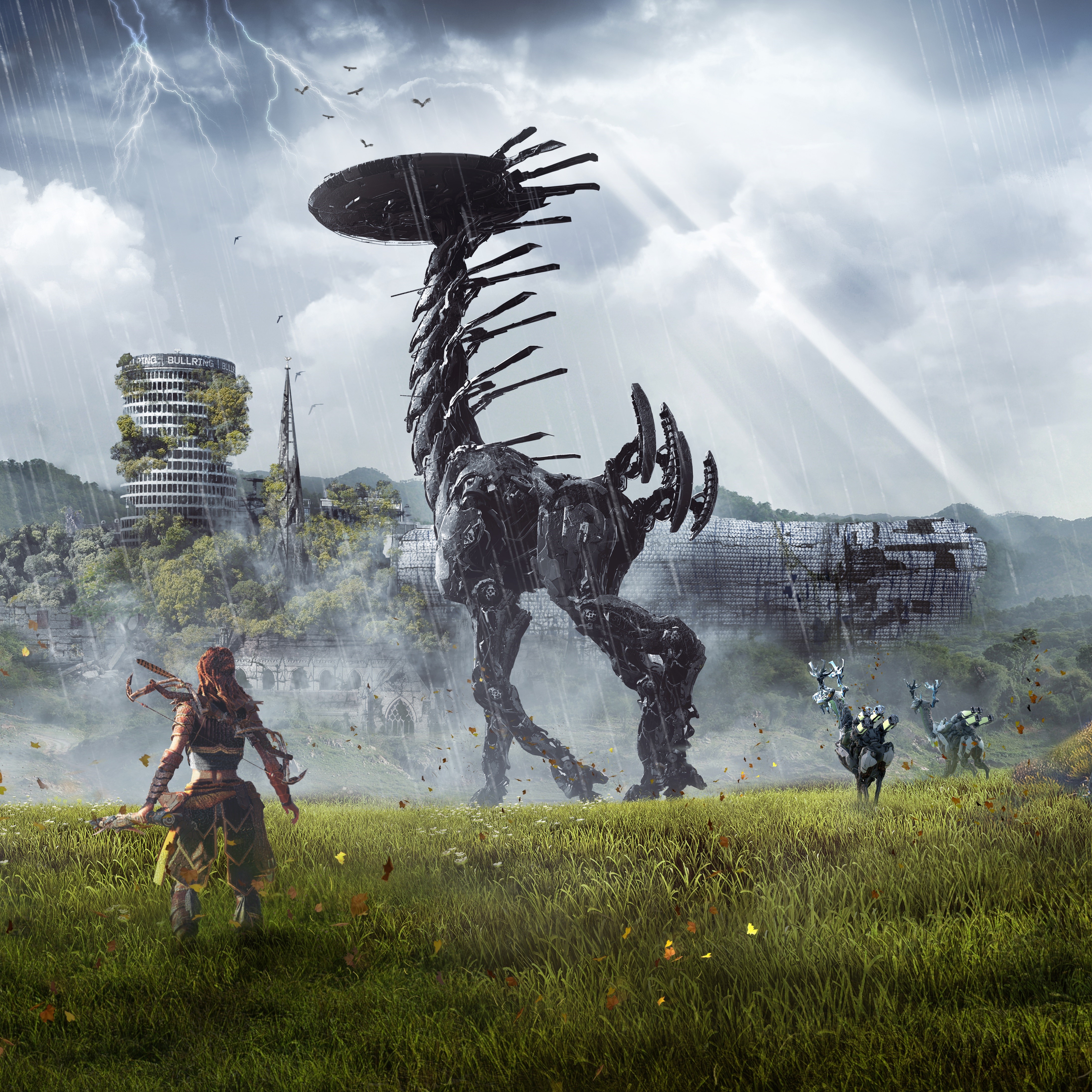 Aloy from Horizon Zero Dawn faces a giant robot HD Wallpaper