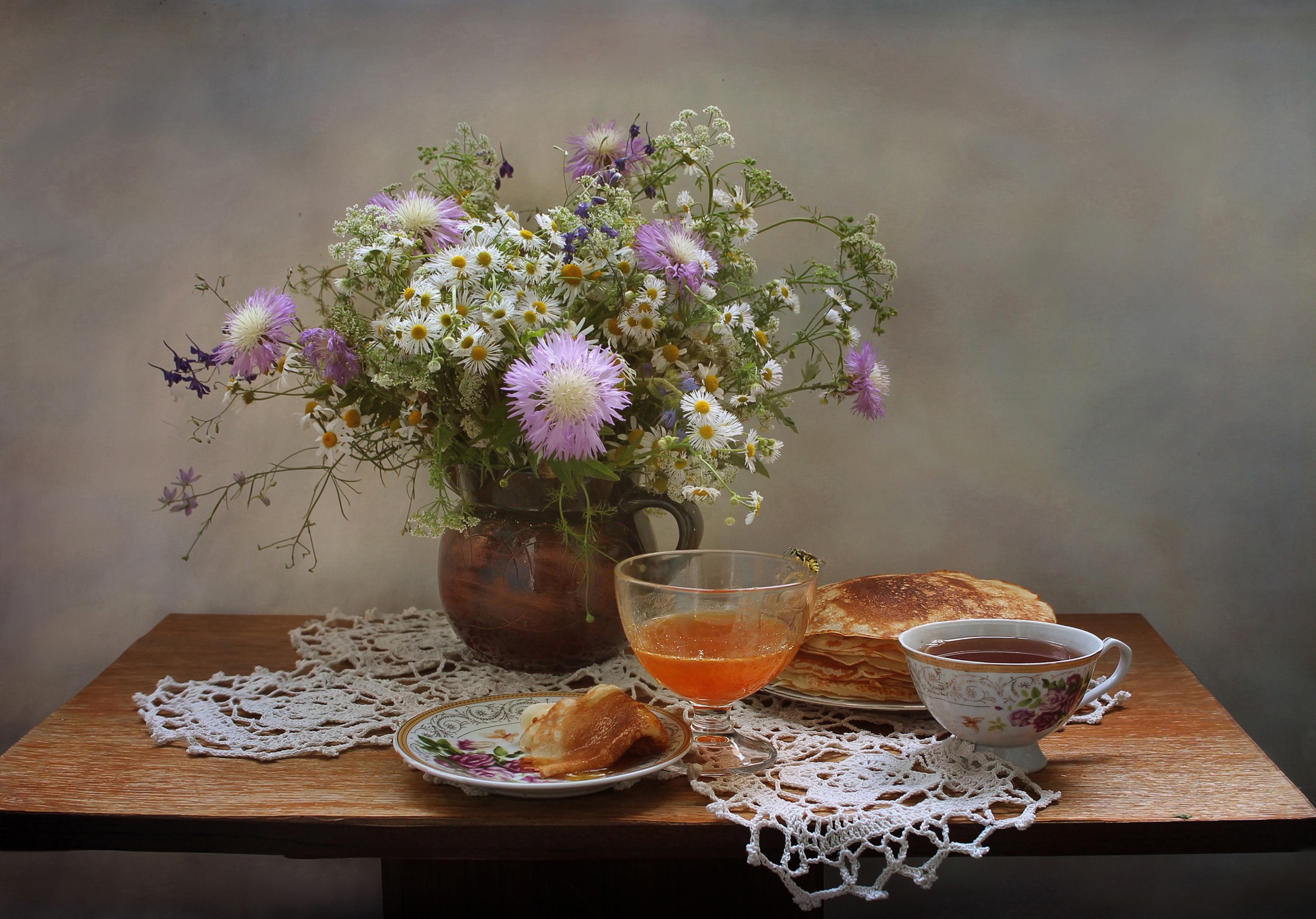 Still-life with wildflowers, pancakes, tea, and honey HD Wallpaper