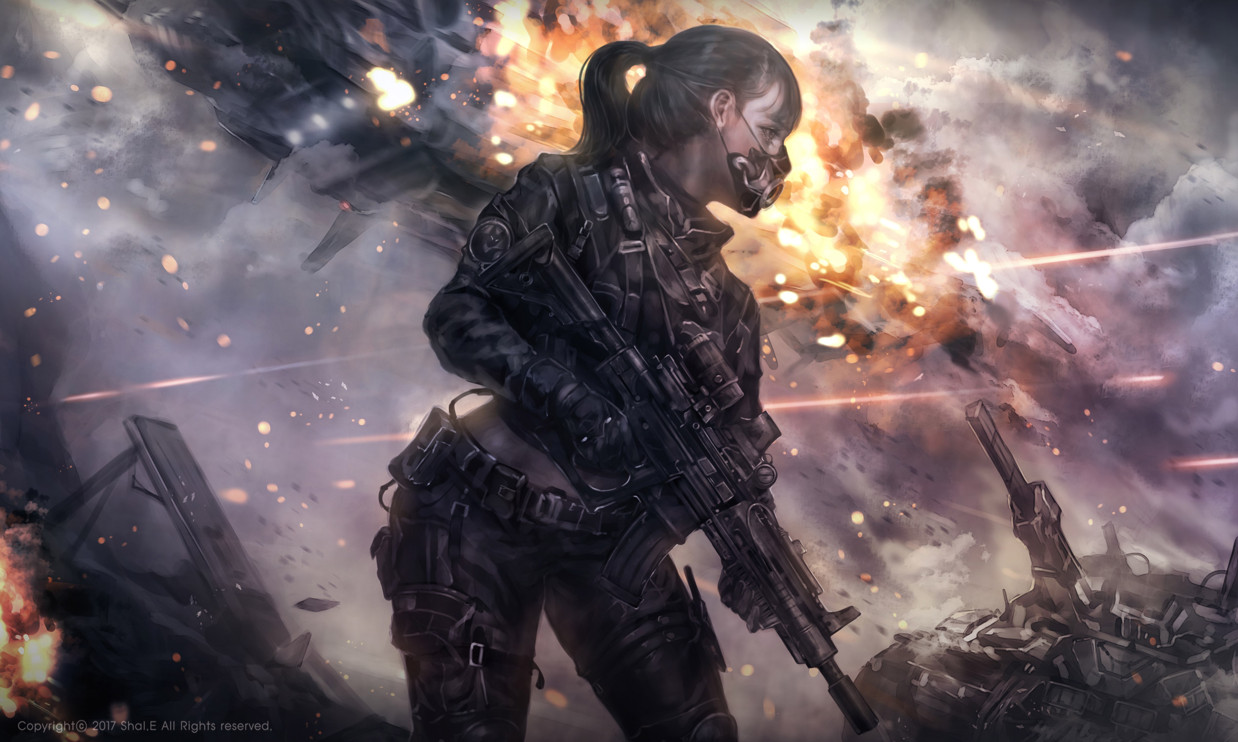 Woman in tactical gear with assault rifle in explosion HD Wallpaper