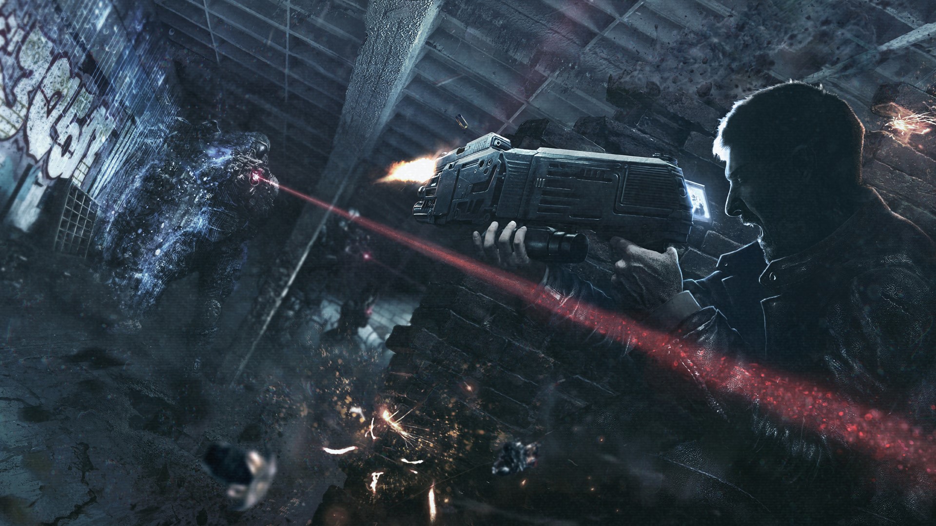 Man firing futuristic assault rifle in urban ruins HD Wallpaper