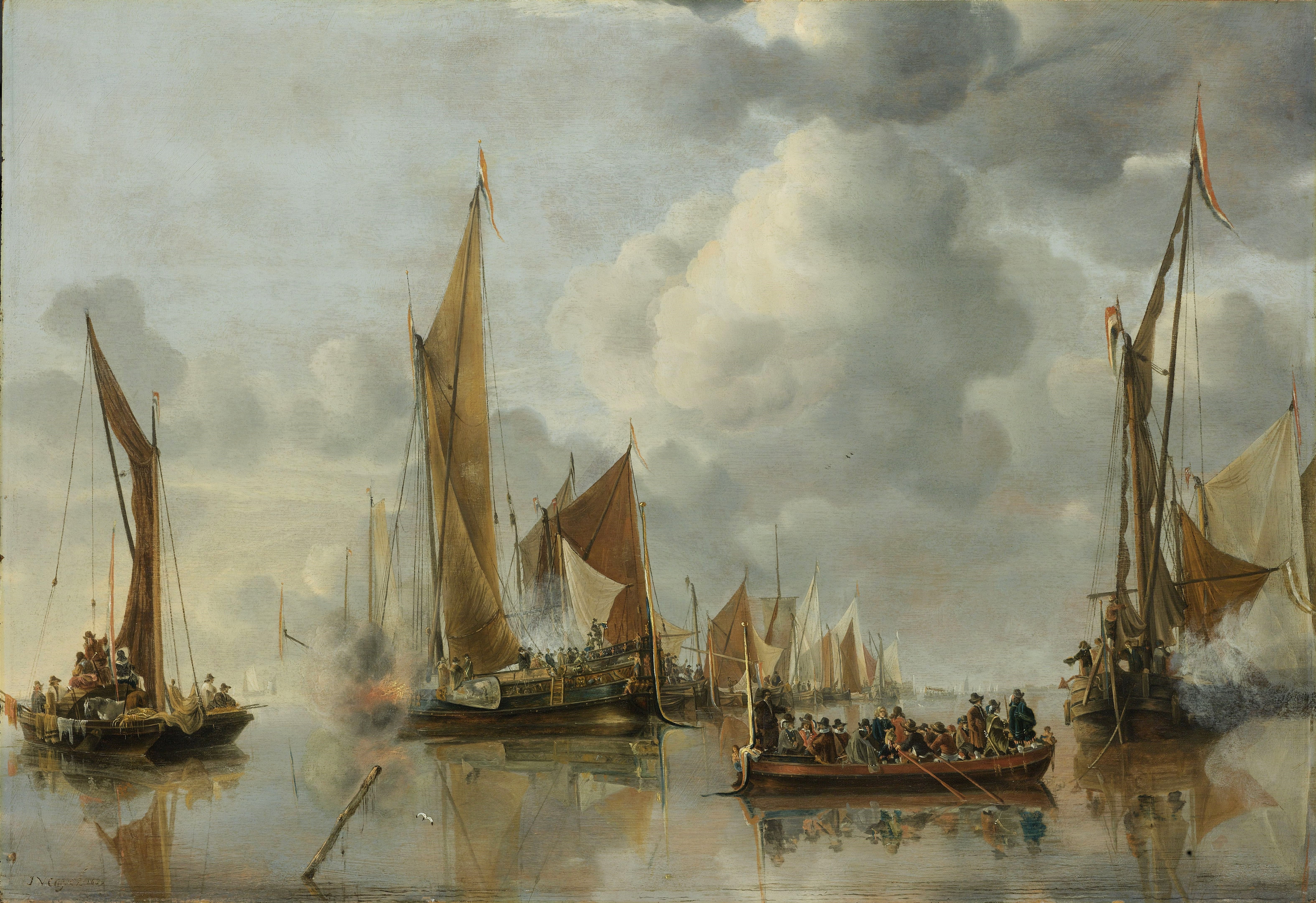 The State Barge Saluted by the Home Fleet by Jan van de Cappelle HD Wallpaper