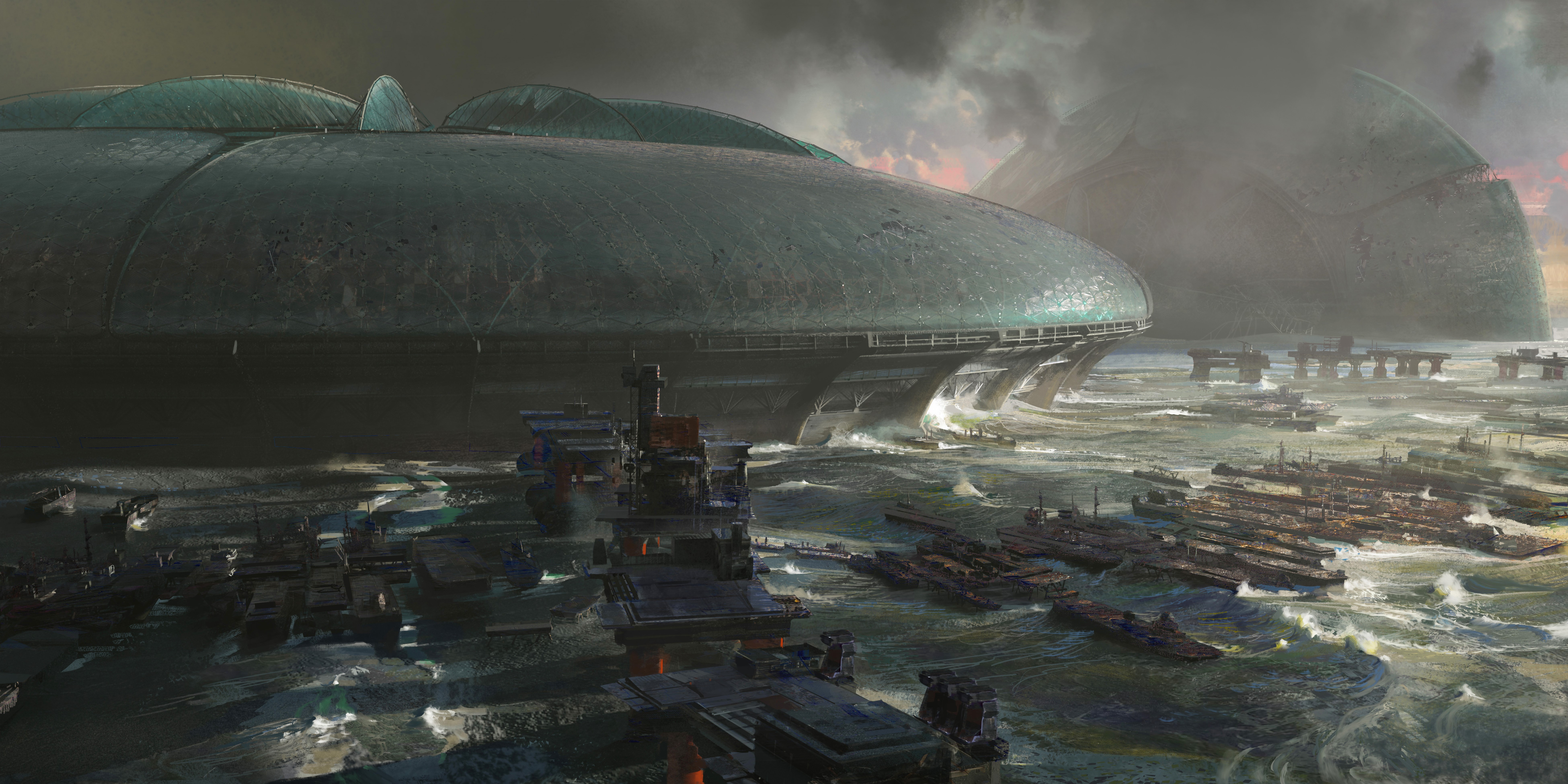 Fantastic world with ships and massive structures HD Wallpaper