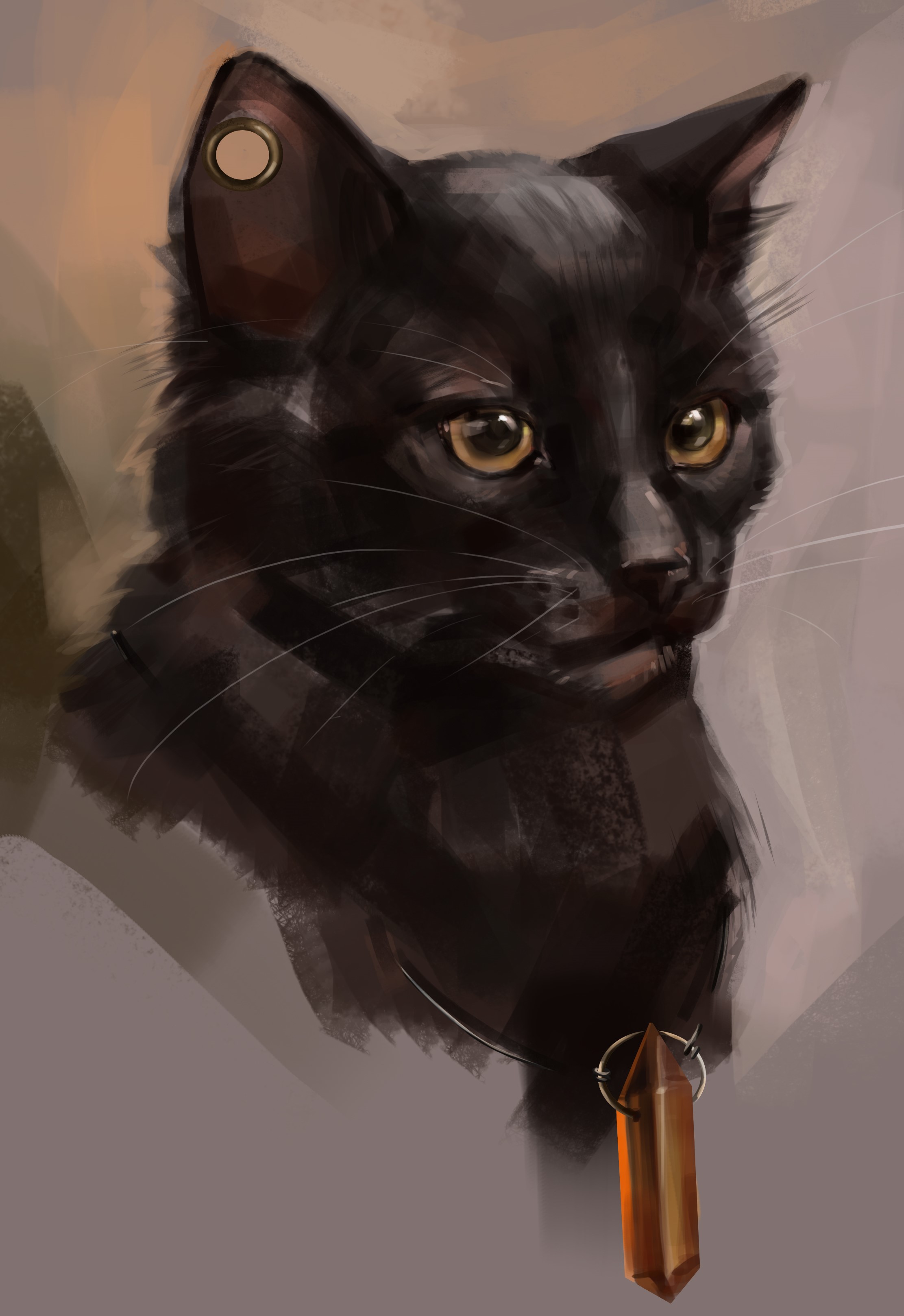 Painting of a black cat with a crystal pendant HD Phone Wallpaper