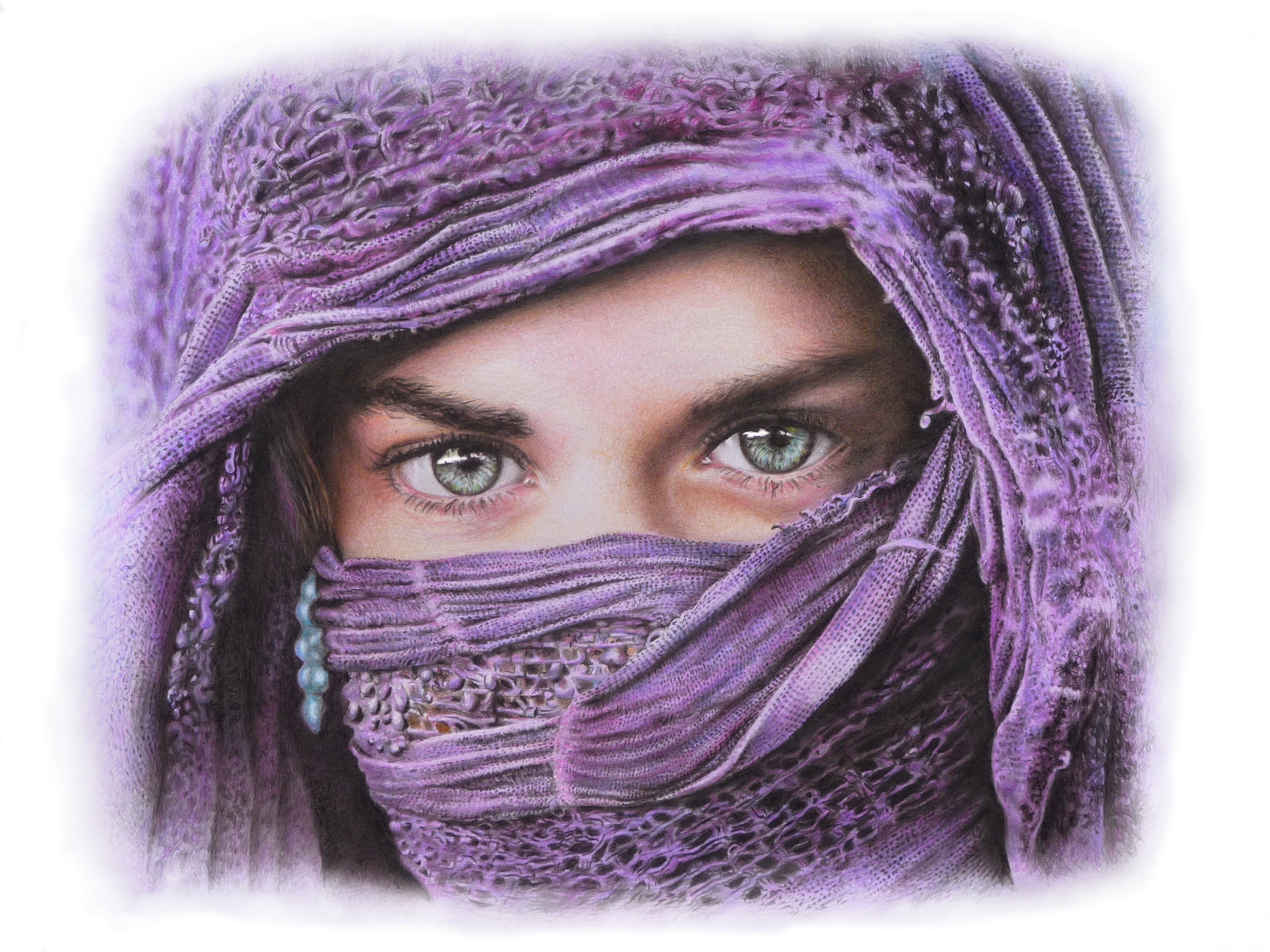 Close-up of a woman's eyes and face covered by a purple scarf HD Wallpaper