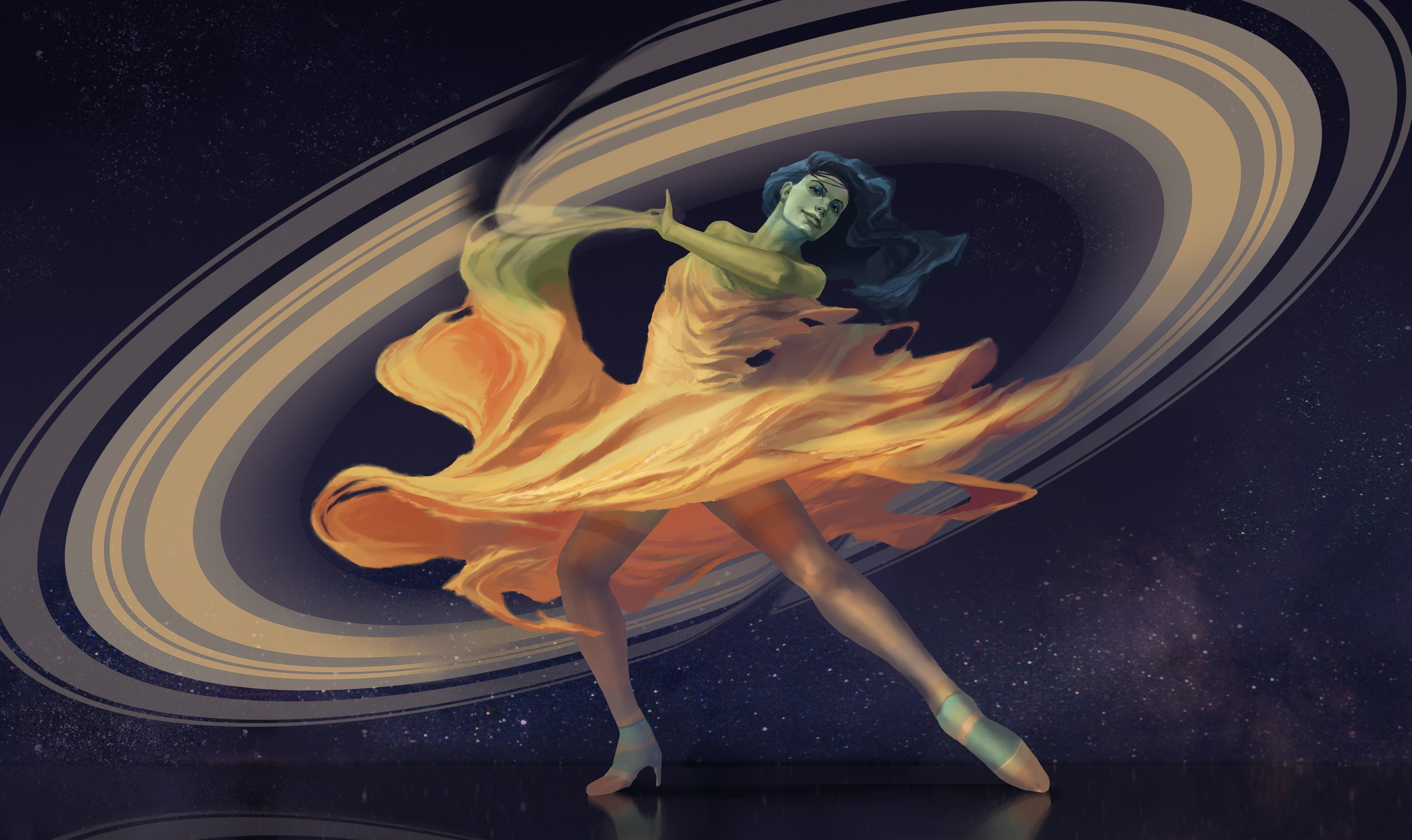 Woman in flowing dress dancing near Saturn's rings HD Wallpaper