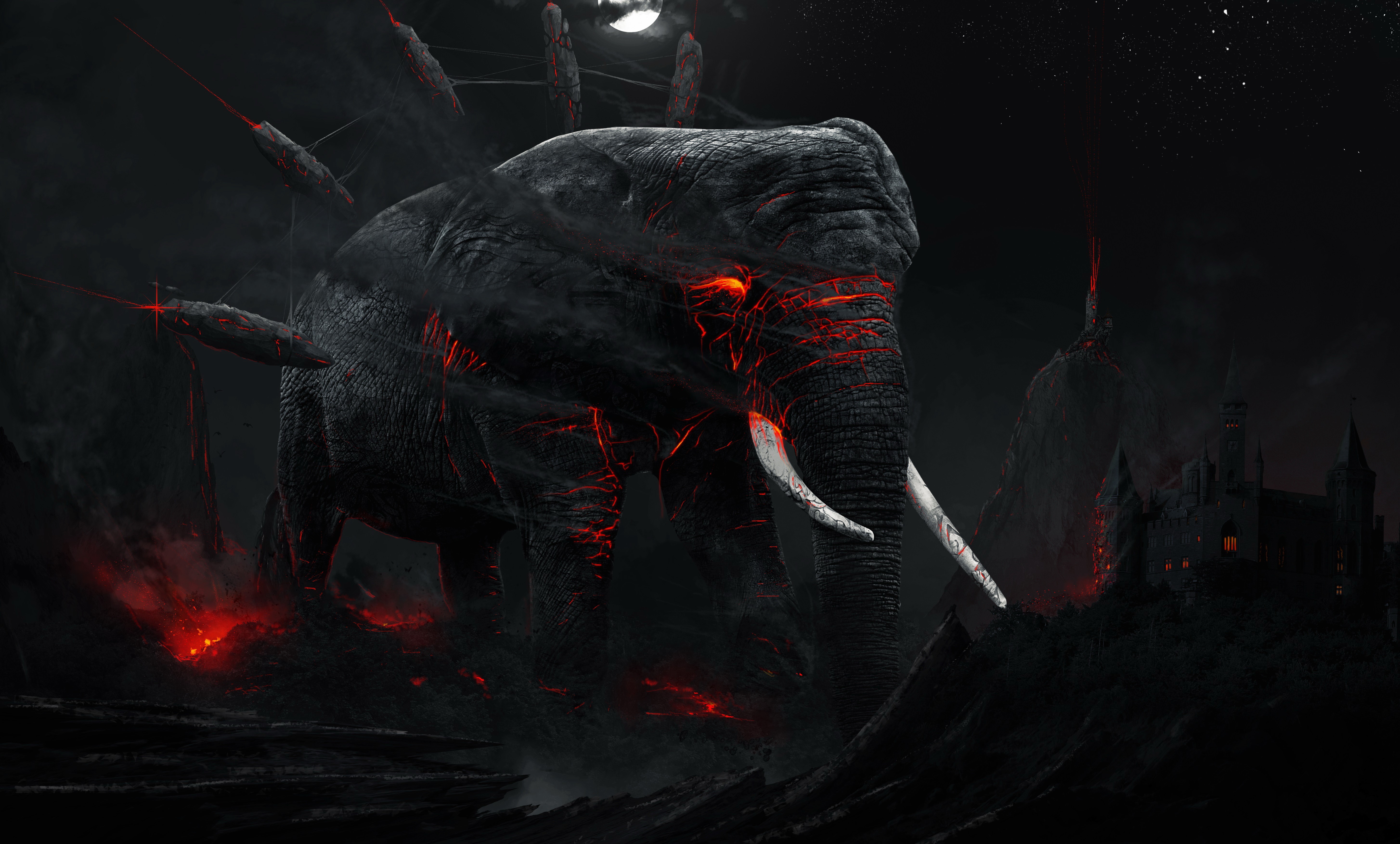 Magical Elephant with Lava and Castle at Night HD Wallpaper