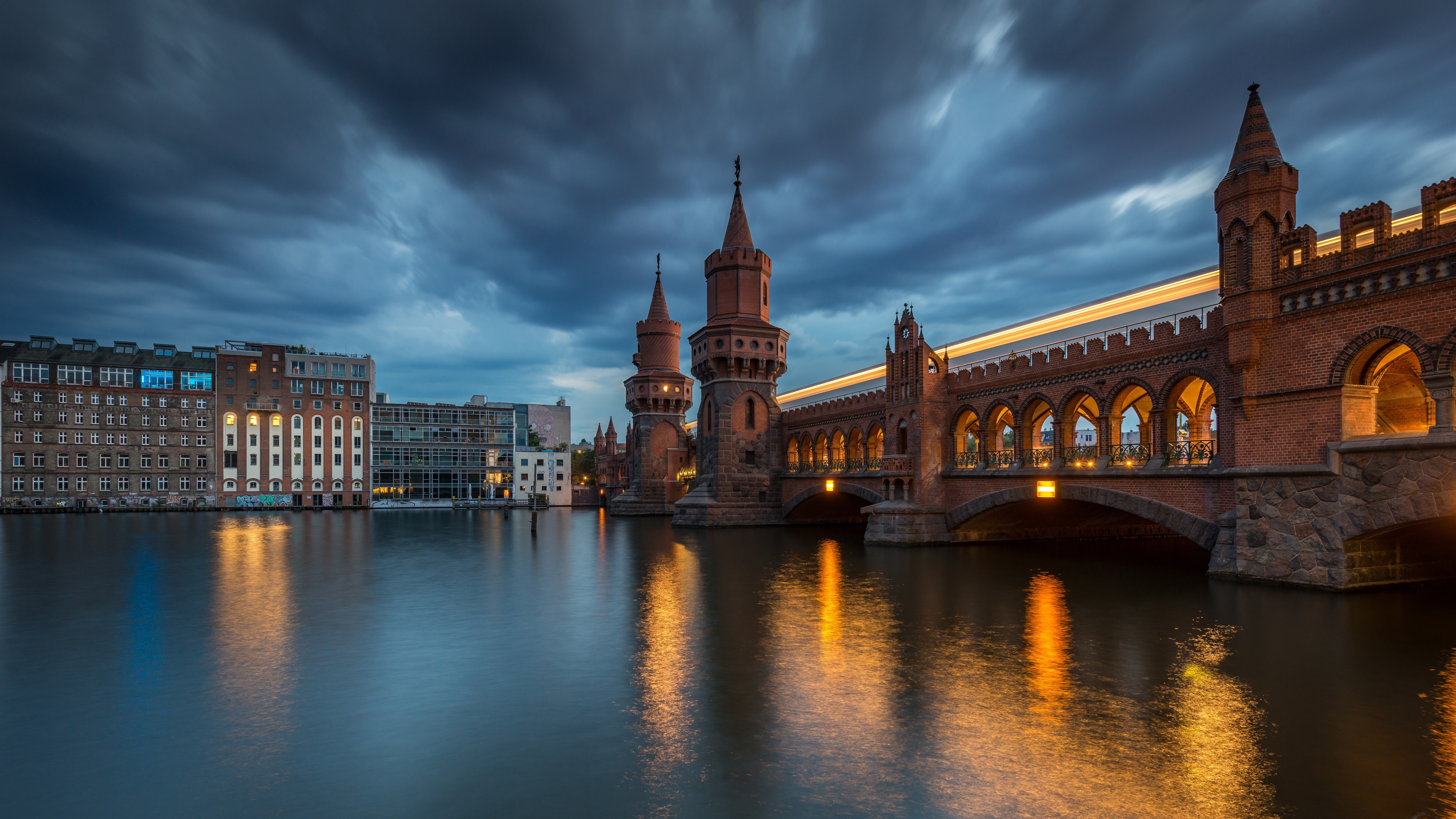 Oberbaum Bridge over Spree River in Berlin, Germany at Evening HD Wallpaper