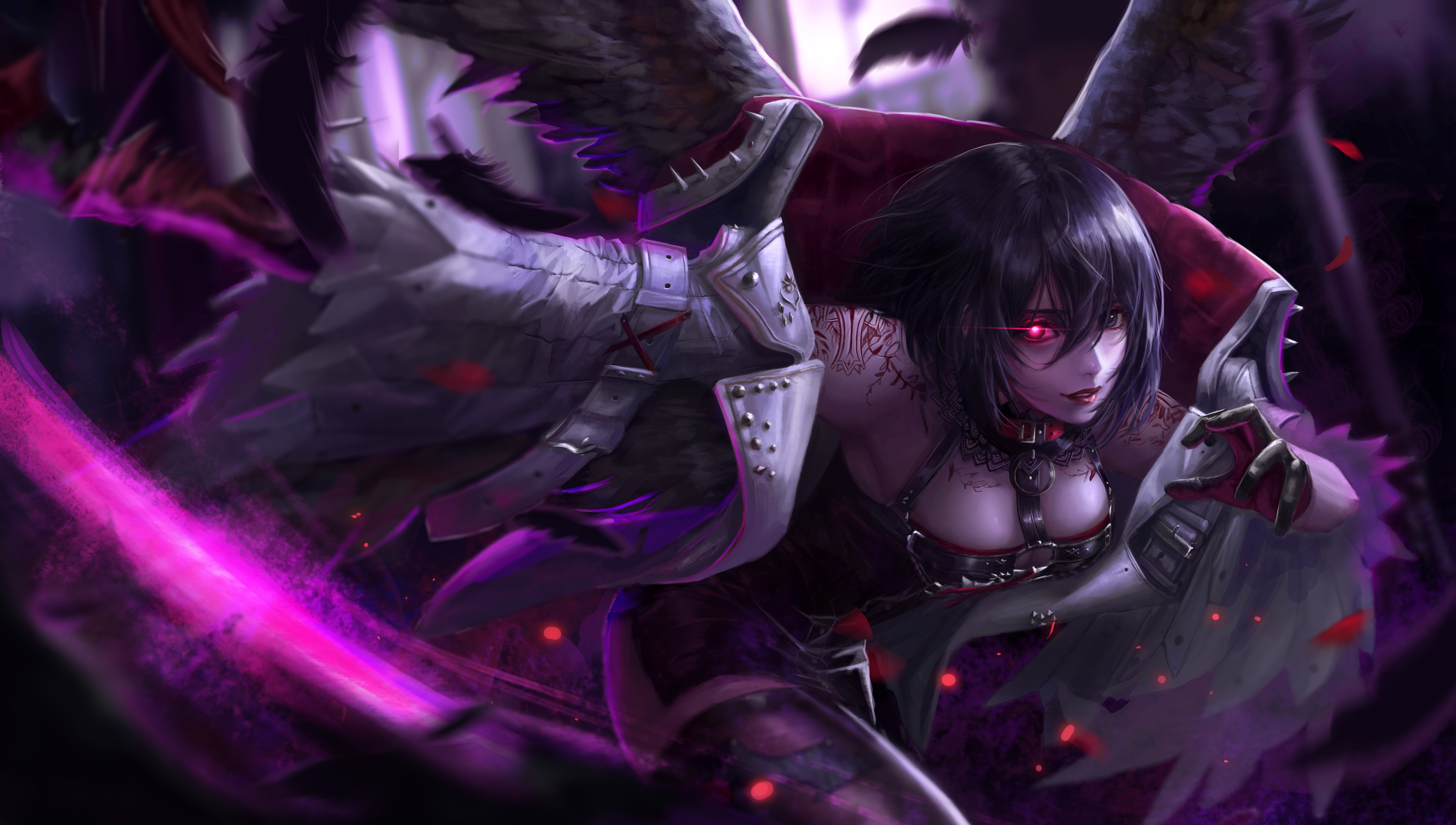 Angel with dark wings and glowing eyes HD Wallpaper