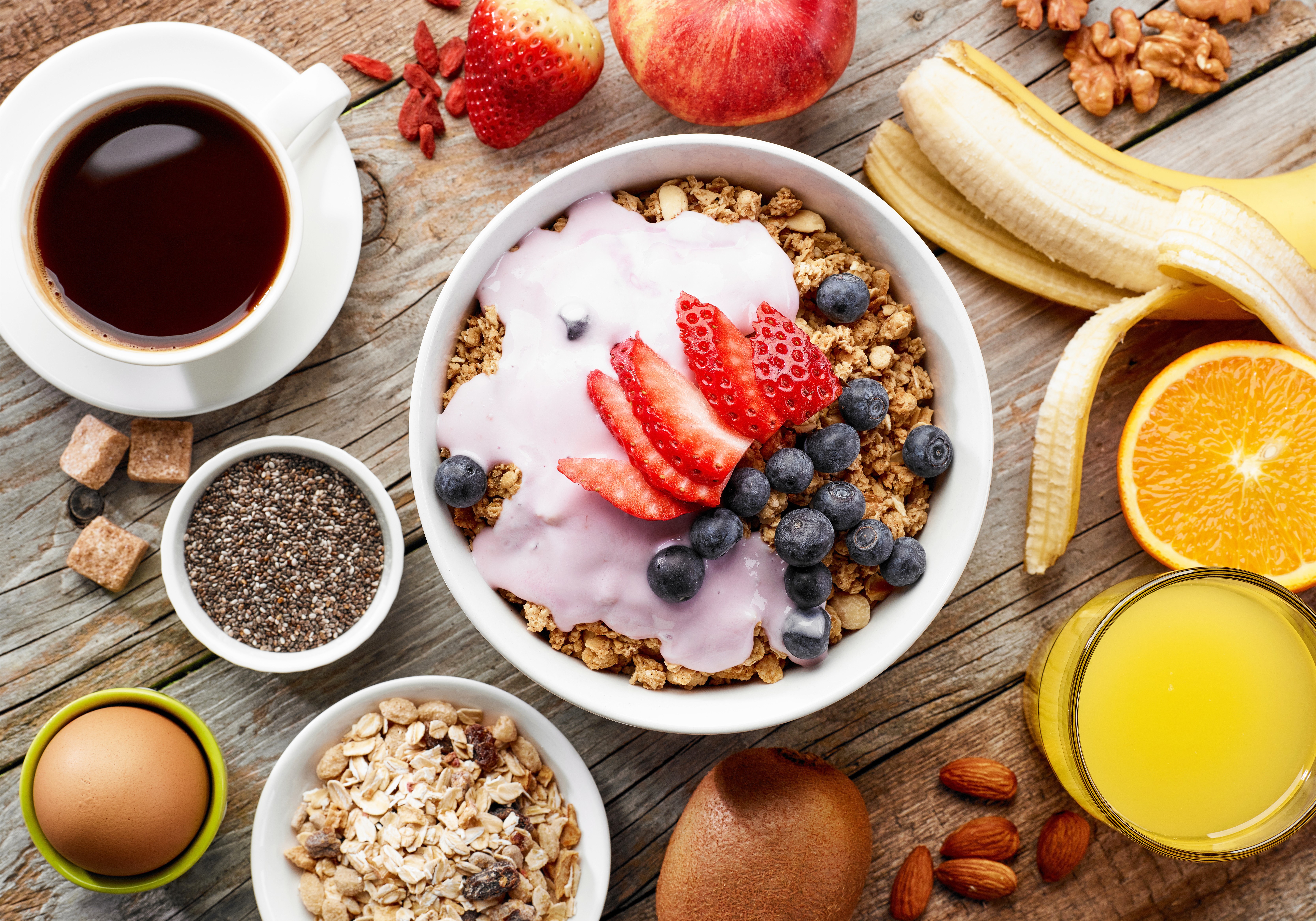 Healthy Breakfast with Muesli, Fruits, Coffee, and Orange Juice HD Wallpaper