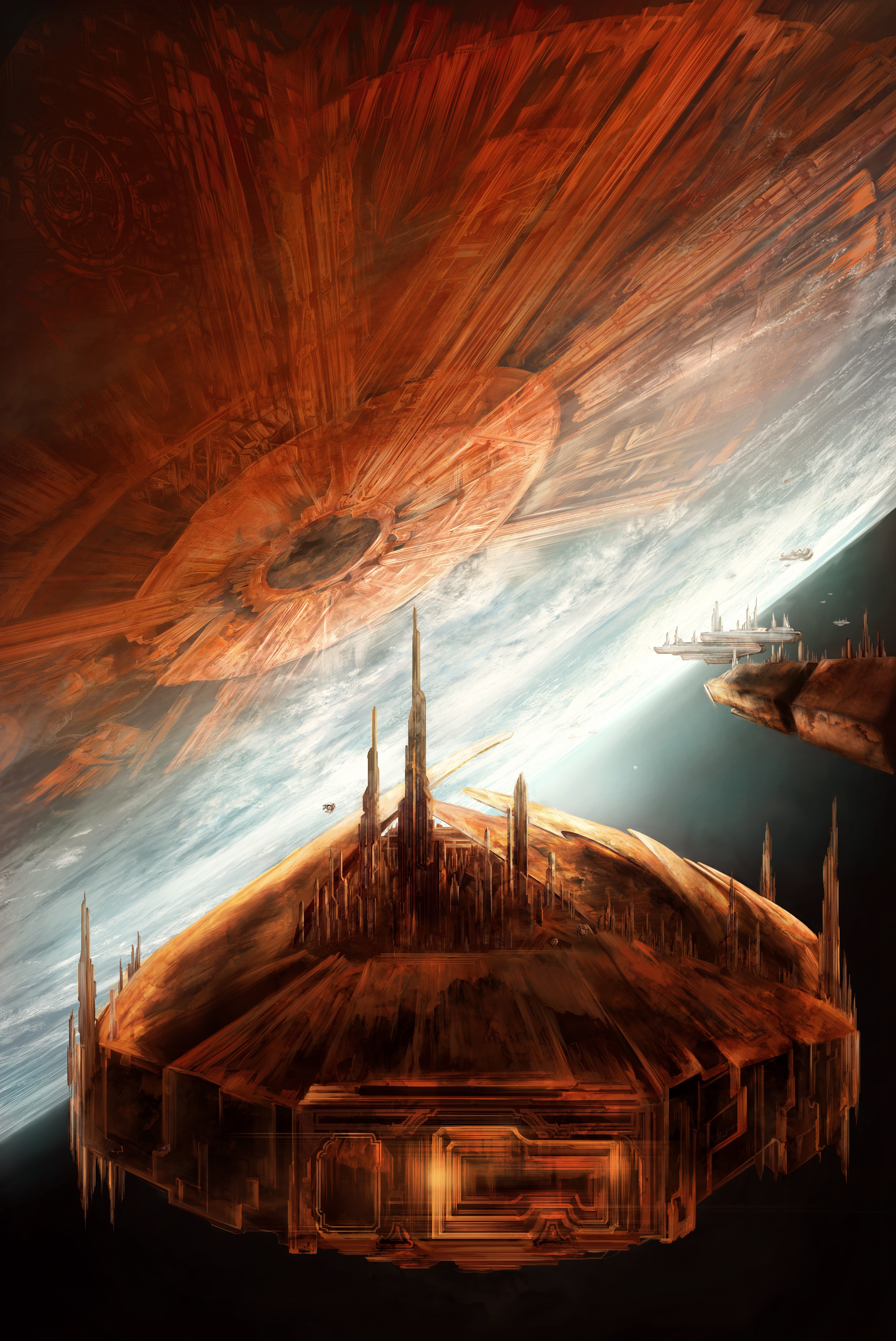Sci-fi city on a planet with a large orbital structure HD Phone Wallpaper