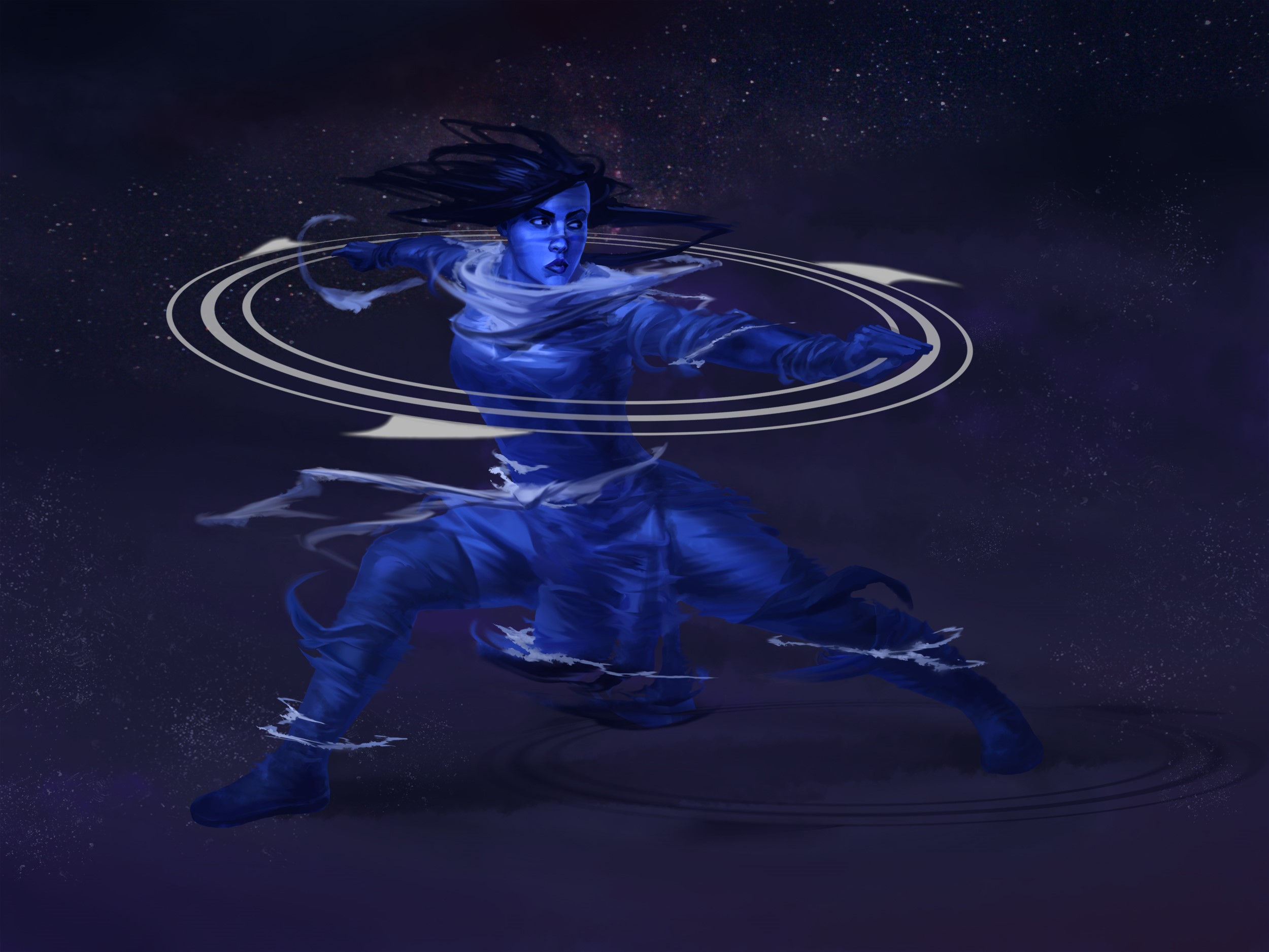 Blue character with swirling energy in space HD Wallpaper