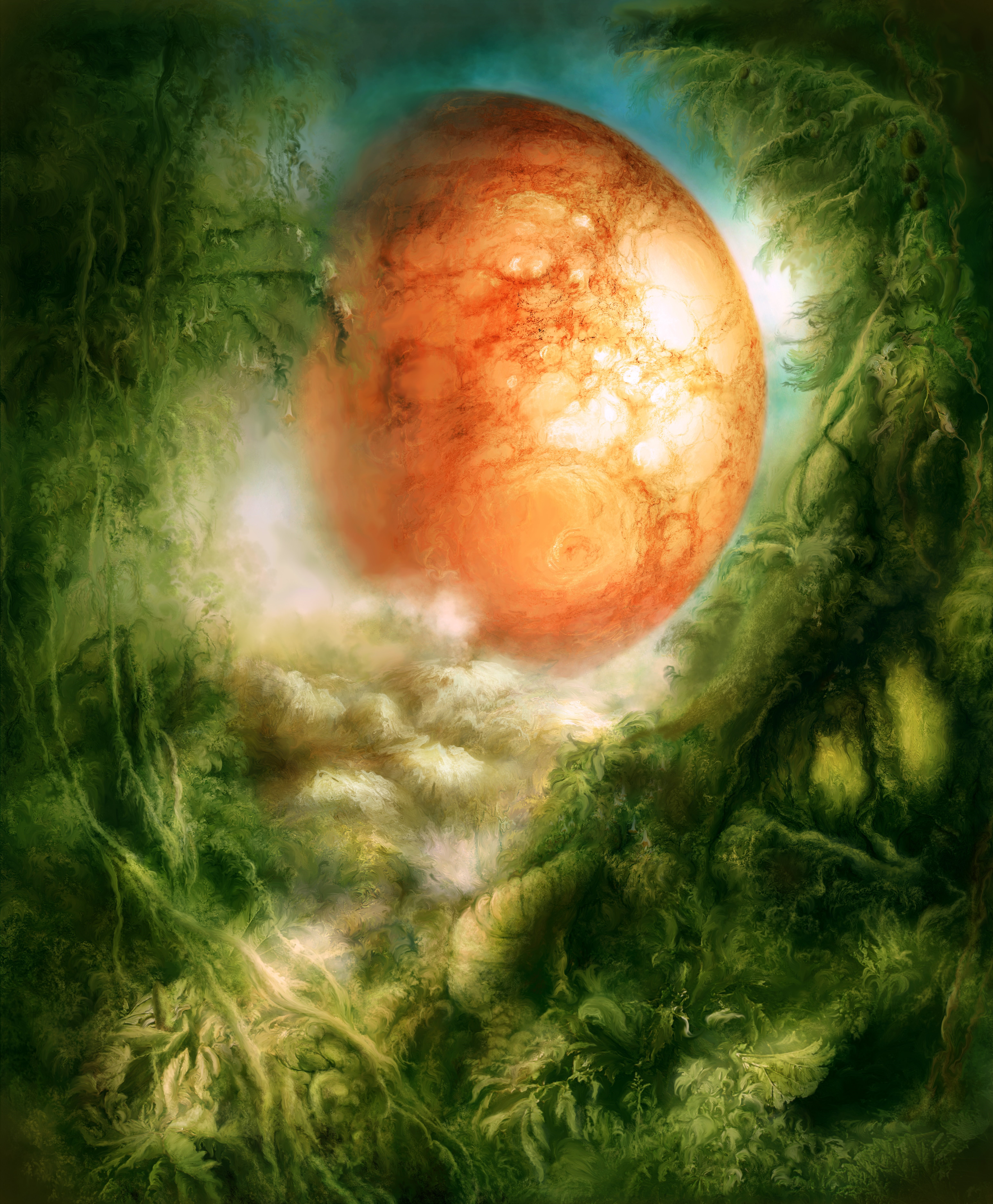 Fantastic world with a planet and green foliage HD Phone Wallpaper