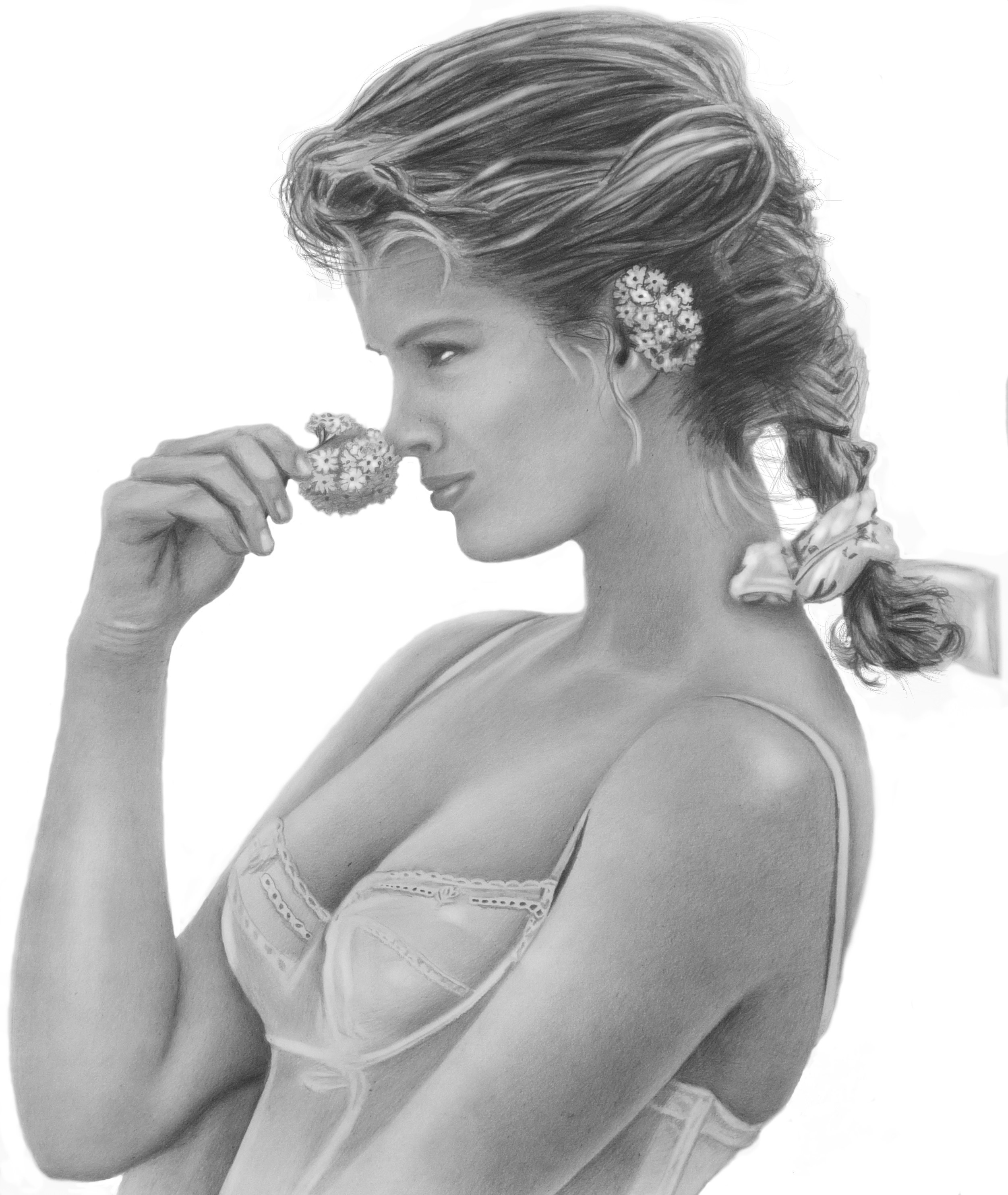 Black and white portrait of a woman smelling flowers HD Wallpaper