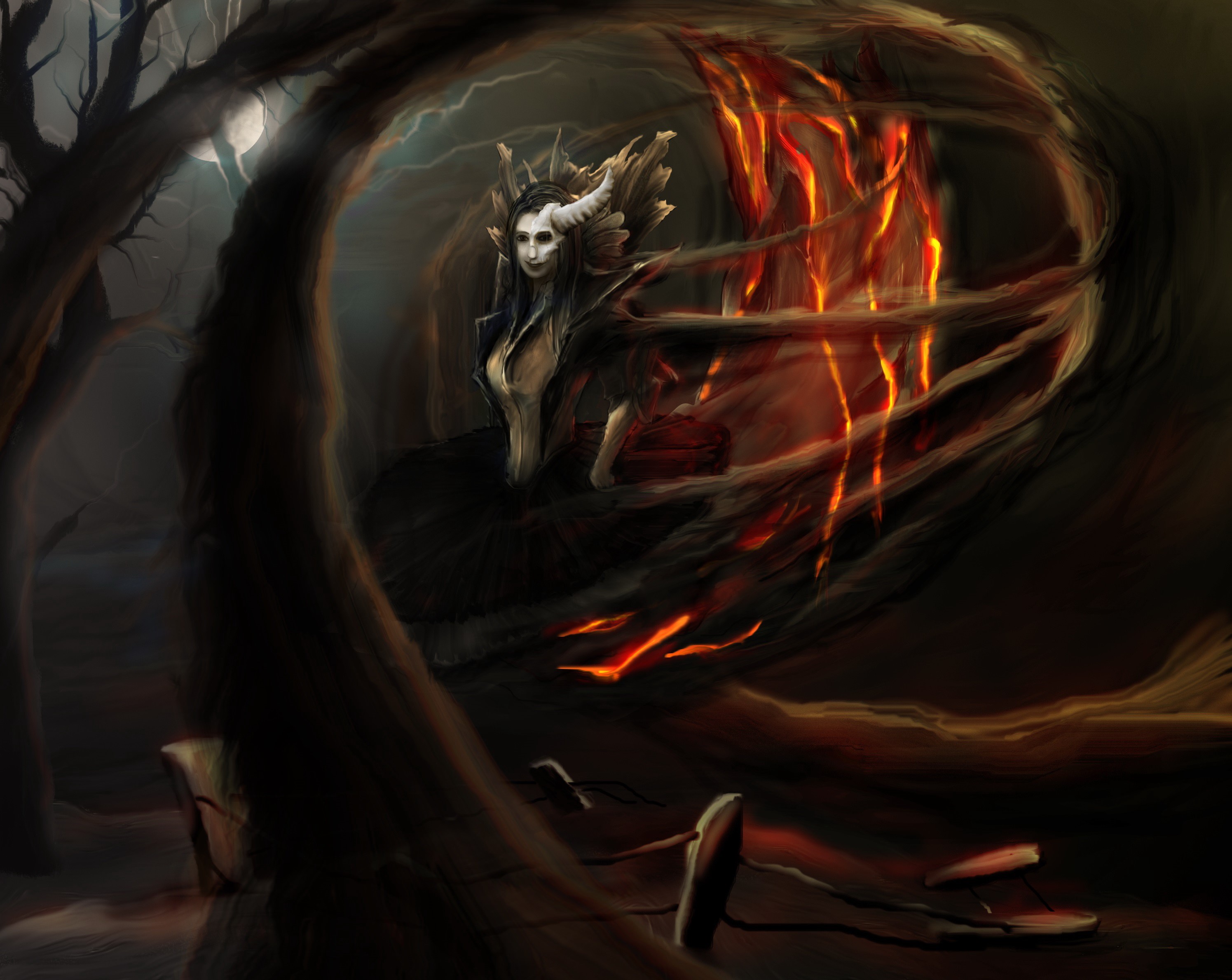 A demonic woman with horns and fiery wings in a dark forest HD Wallpaper