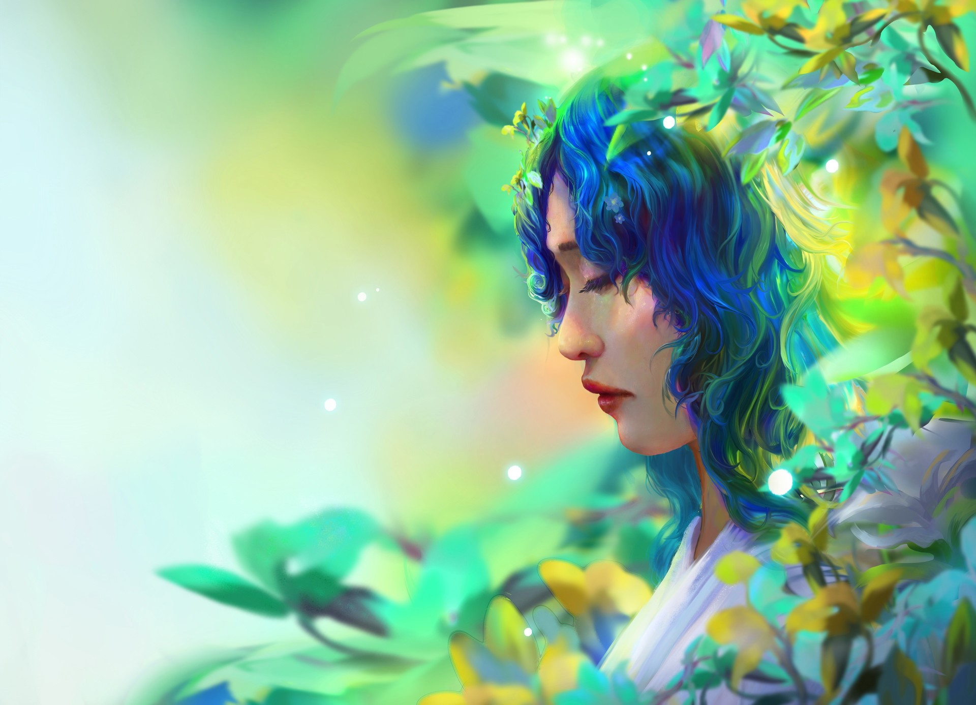 Painting of a woman with blue hair surrounded by foliage HD Wallpaper